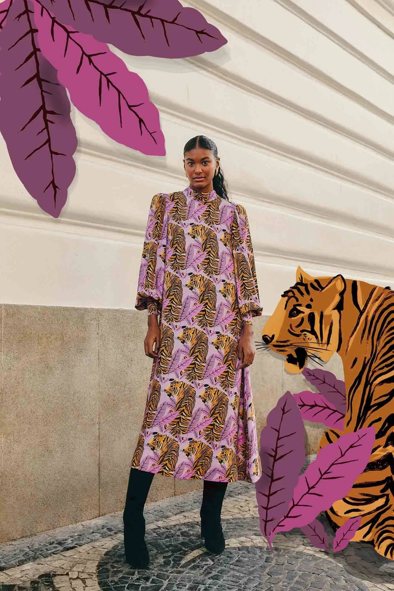 Trendy casual event dress Soft fabric knee-length dress Lavender Tiger Leaves Midi Dress