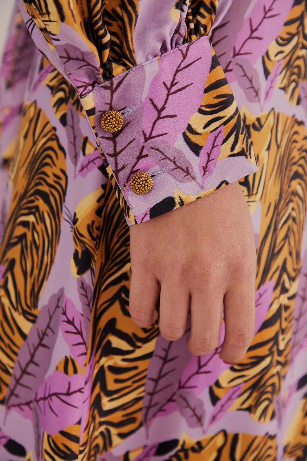 Lavender Tiger Leaves Midi Dress Elegant Details