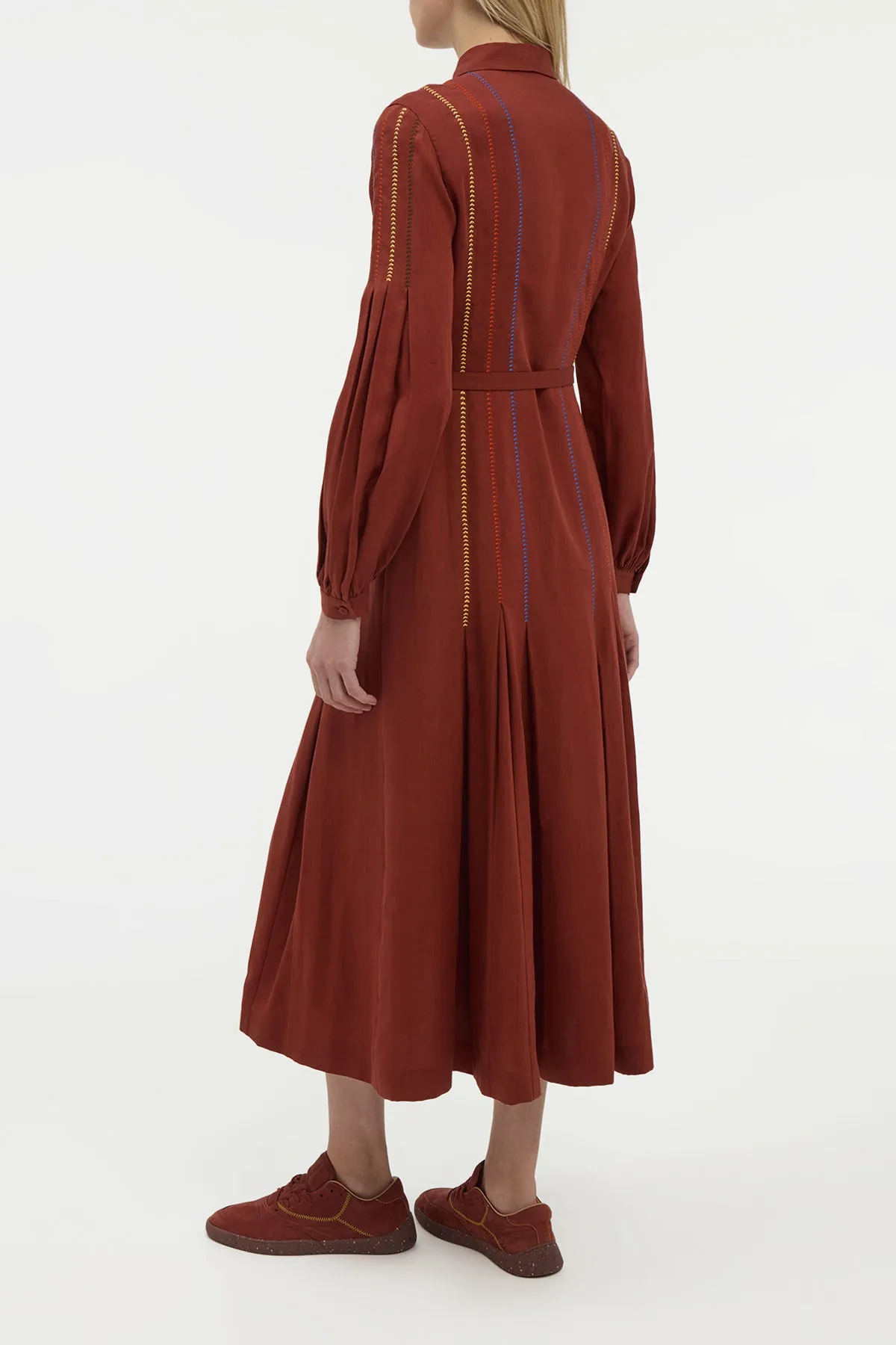 Aleka Pleated Midi Shirtdress in Burnt Sienna Multi Aloe Linen Next Core AbrasionResistant Fabric
