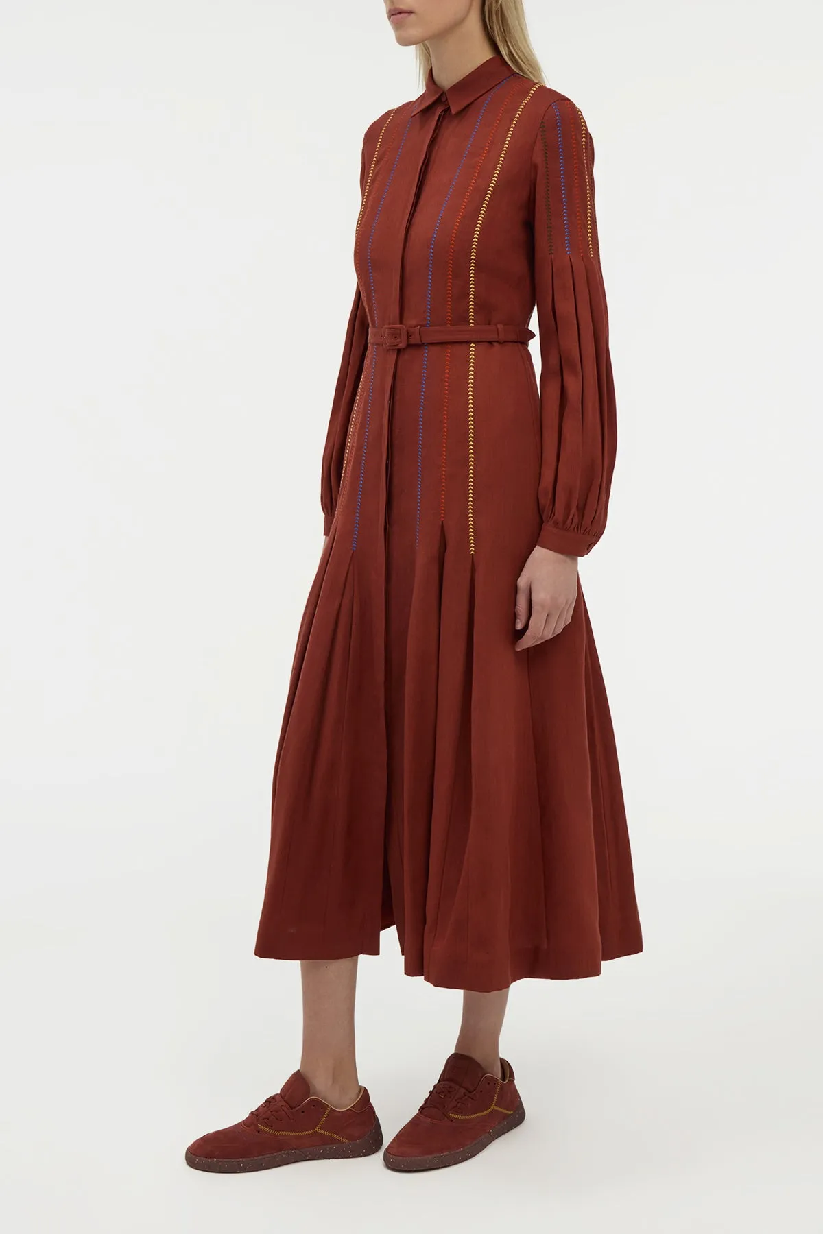 Aleka Pleated Midi Shirtdress in Burnt Sienna Multi Aloe Linen FrictionResistant Art Glow