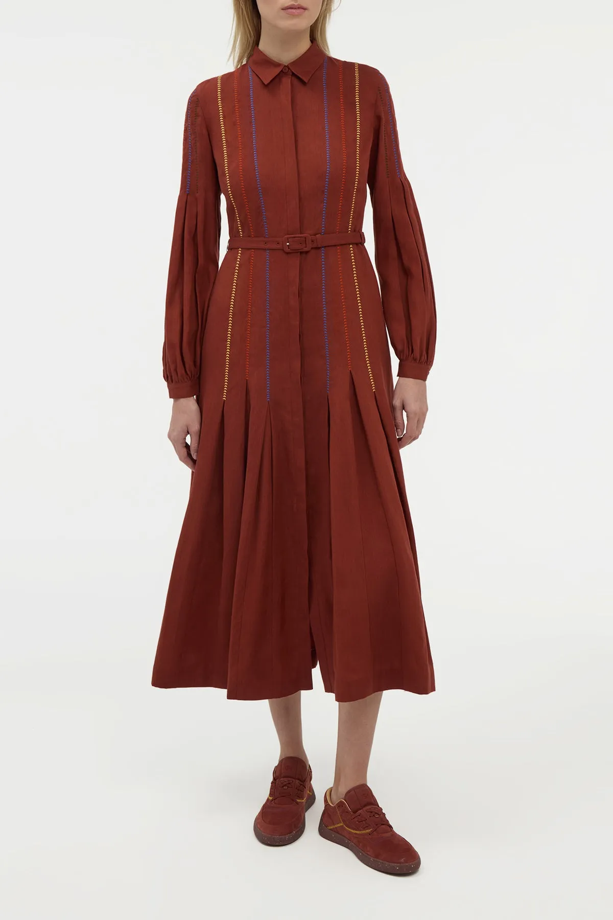 StaticFree Material Aleka Pleated Midi Shirtdress in Burnt Sienna Multi Aloe Linen