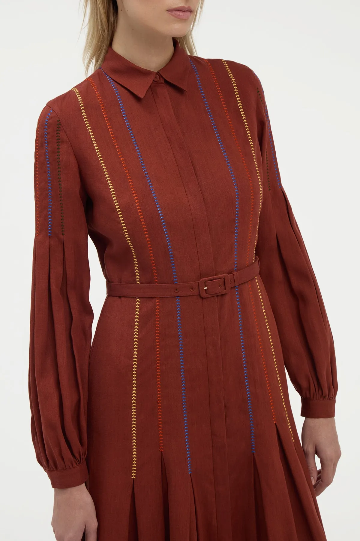Conscious Core Aleka Pleated Midi Shirtdress in Burnt Sienna Multi Aloe Linen