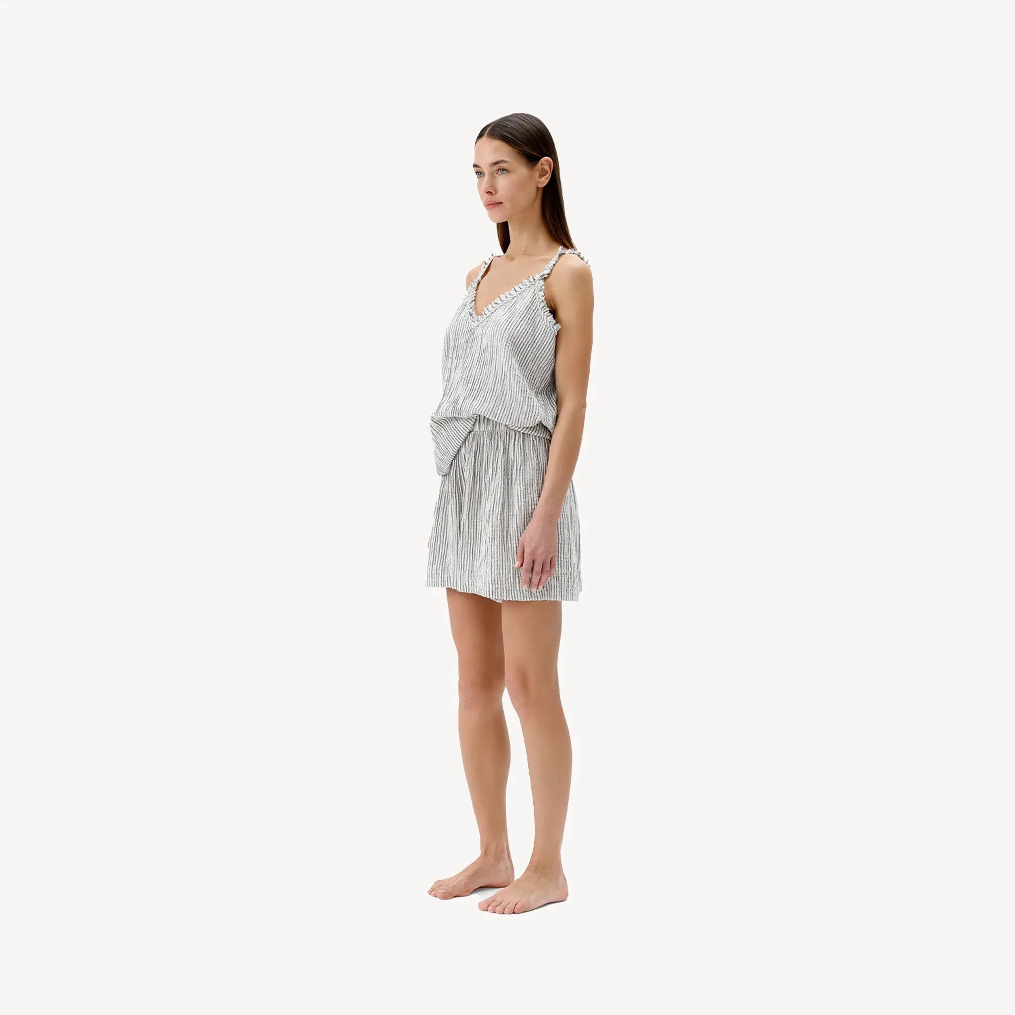 StretchWaistband DoubleStitched Seams Striped Crinkle Cotton Shorts