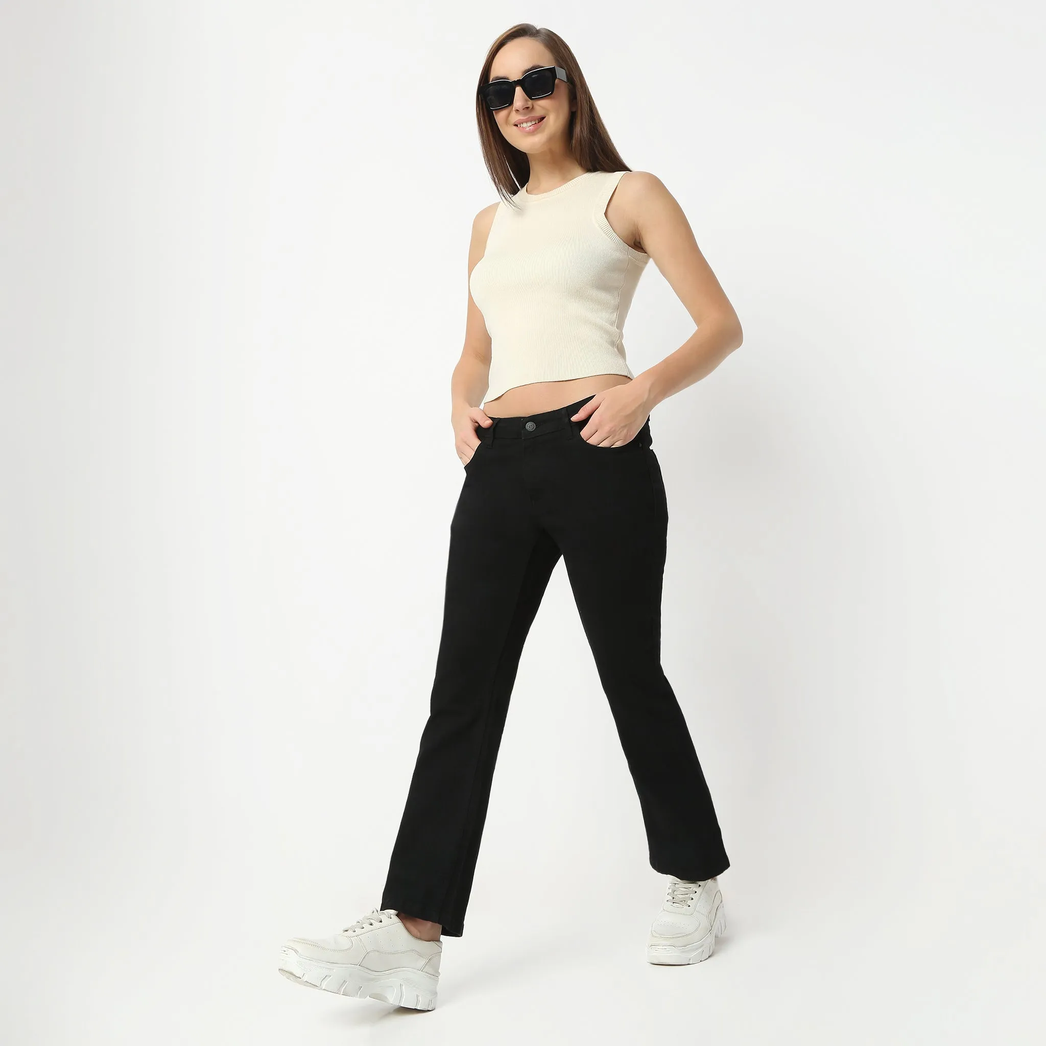 Boot Cut Ankle Length Low Rise Clean Look Jeans Walk Mood Wrinklefree