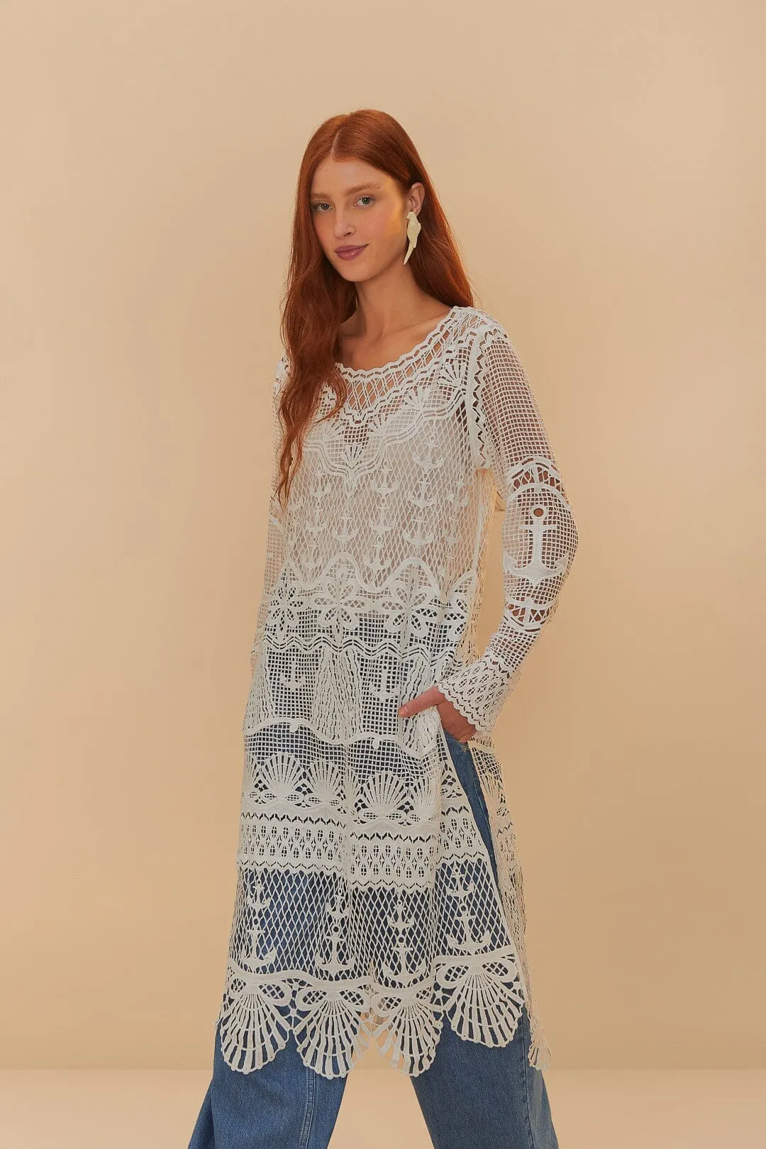 Off-White Nautical Guipure Long Sleeve Midi Dress Feminine Elegance Casual Wear
