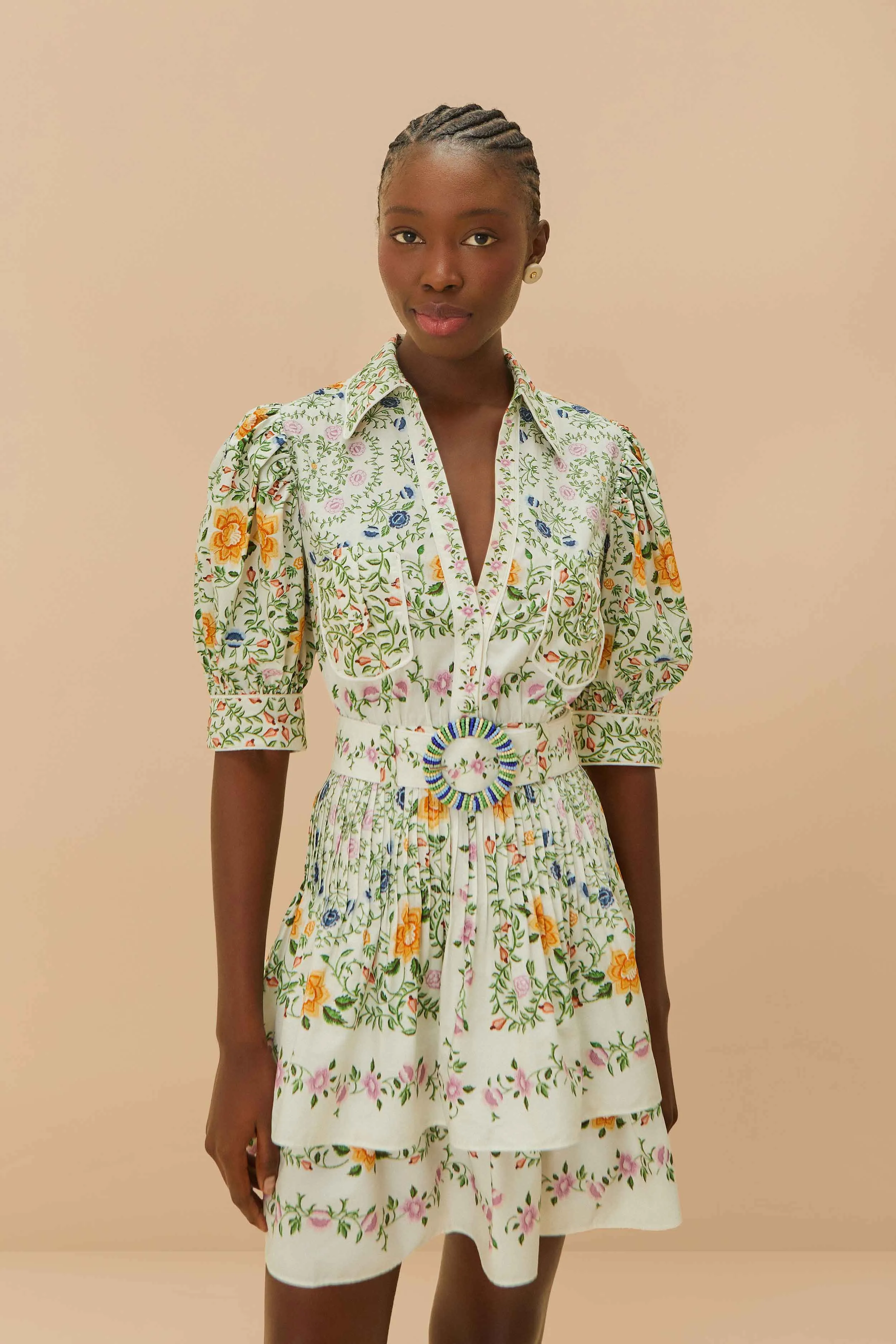 Trendy weekend dress Relaxed Look Folk Floral Off-White Mini Dress Short Sleeve