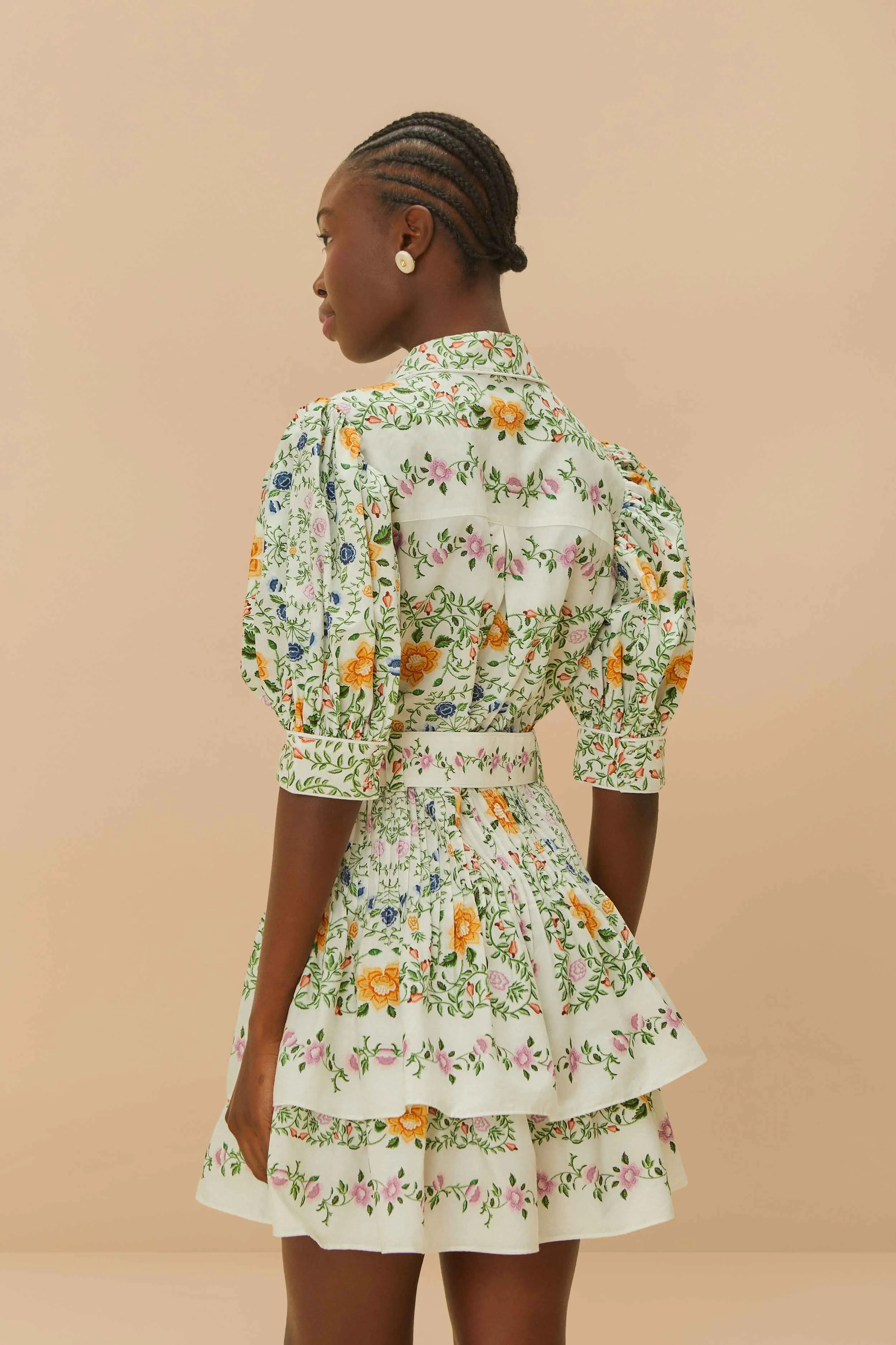 Folk Floral Off-White Mini Dress Short Sleeve Simple yet chic mini Flexible Waistband