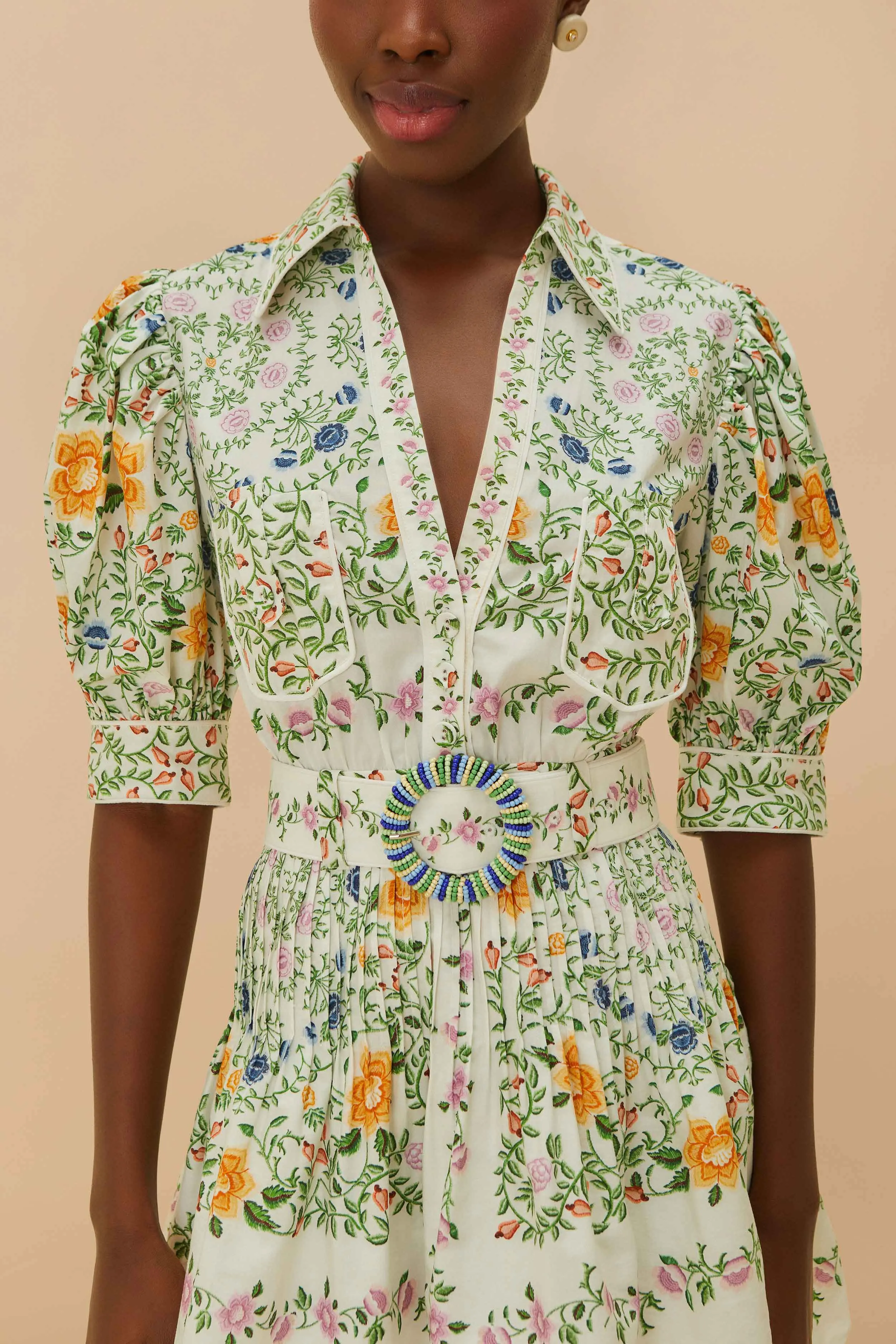 Folk Floral Off-White Mini Dress Short Sleeve Light Soft Flexible frame
