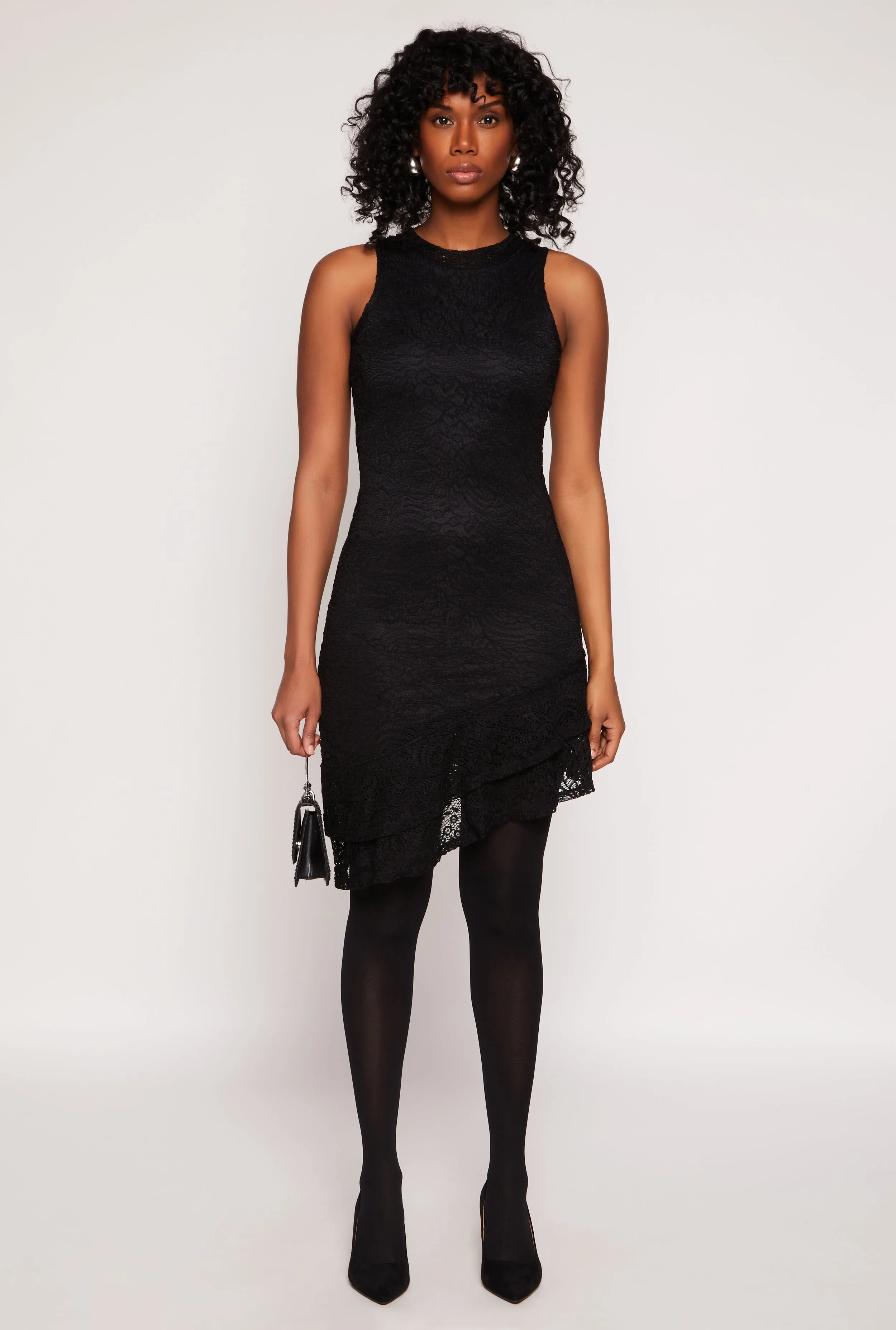 Lace Lined Asymmetrical Dress Leg Show Petite Fit