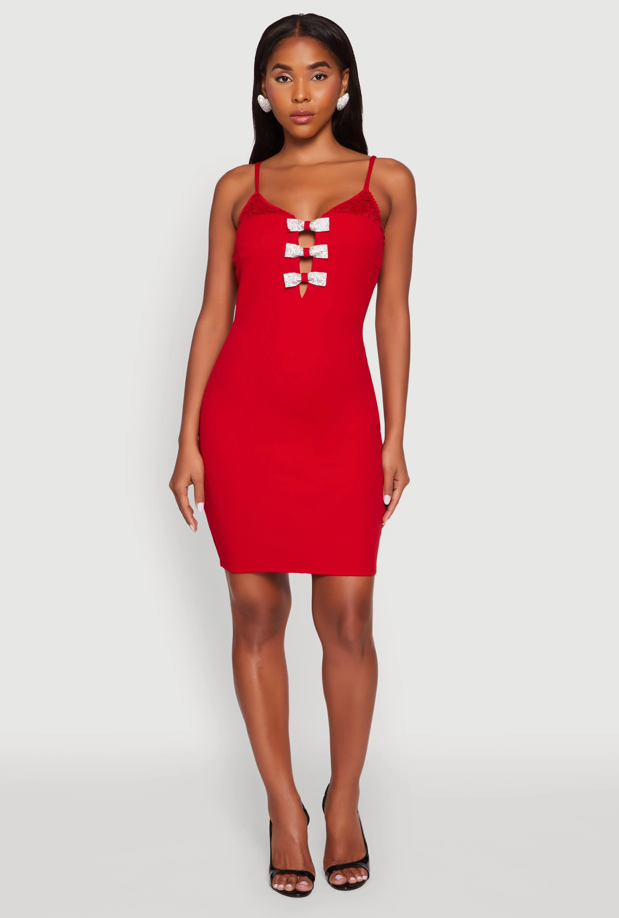 All Season Fashion Slim Touch Sleeveless Crepe Knit Mini Dress with Rhinestone Bows