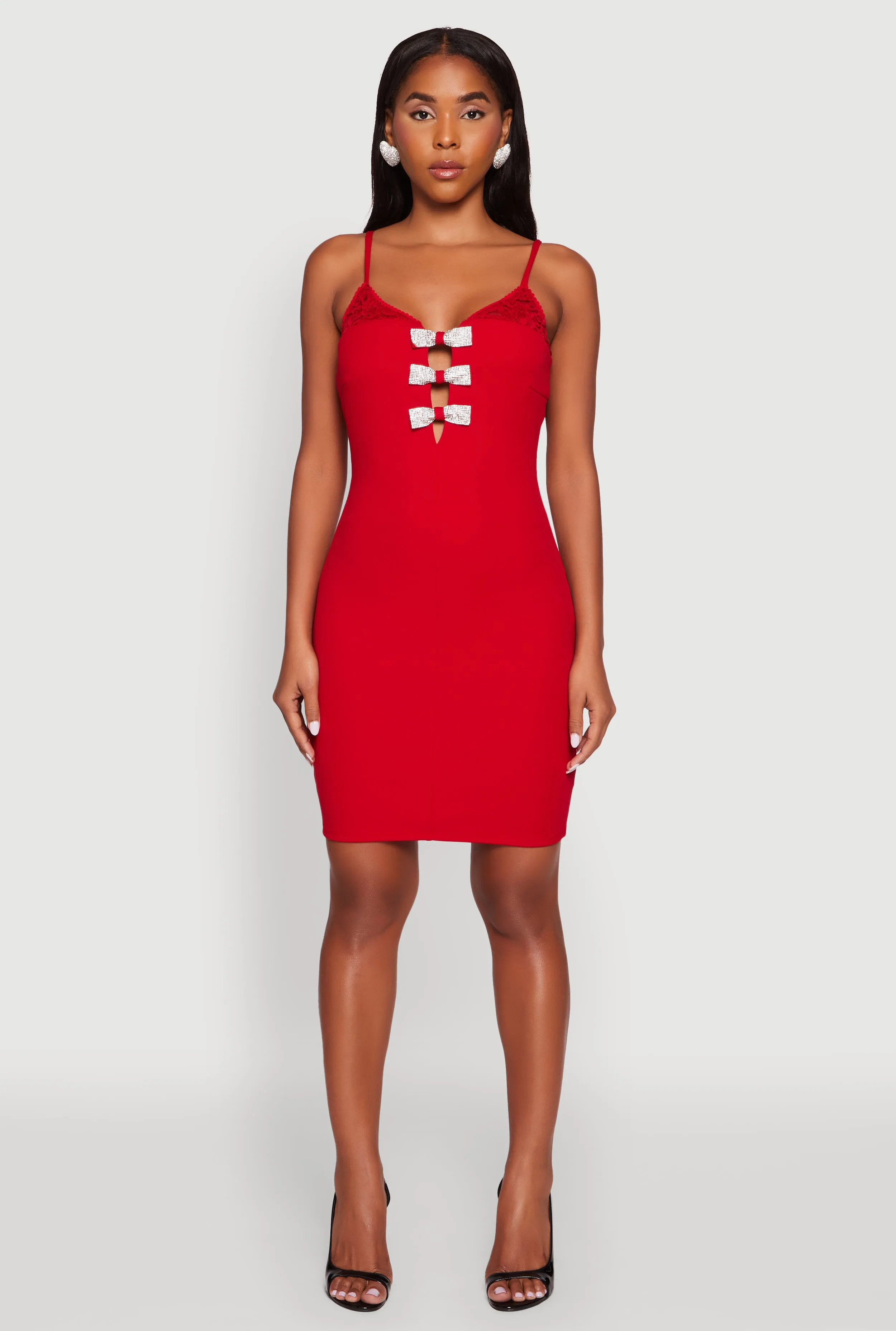 Shoot Ready Scene Beat Sleeveless Crepe Knit Mini Dress with Rhinestone Bows