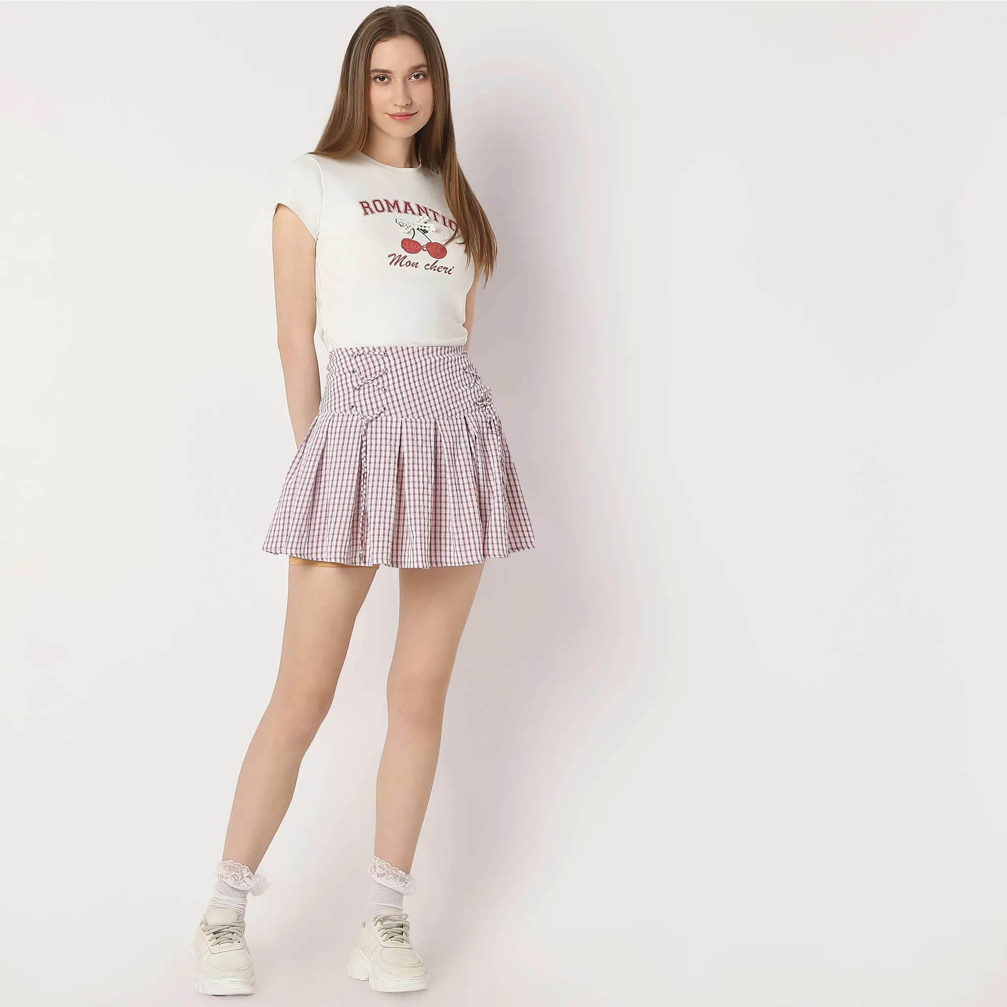 FourWayStretch Flare Fit Pleats Above Knee High Rise Short Skirt