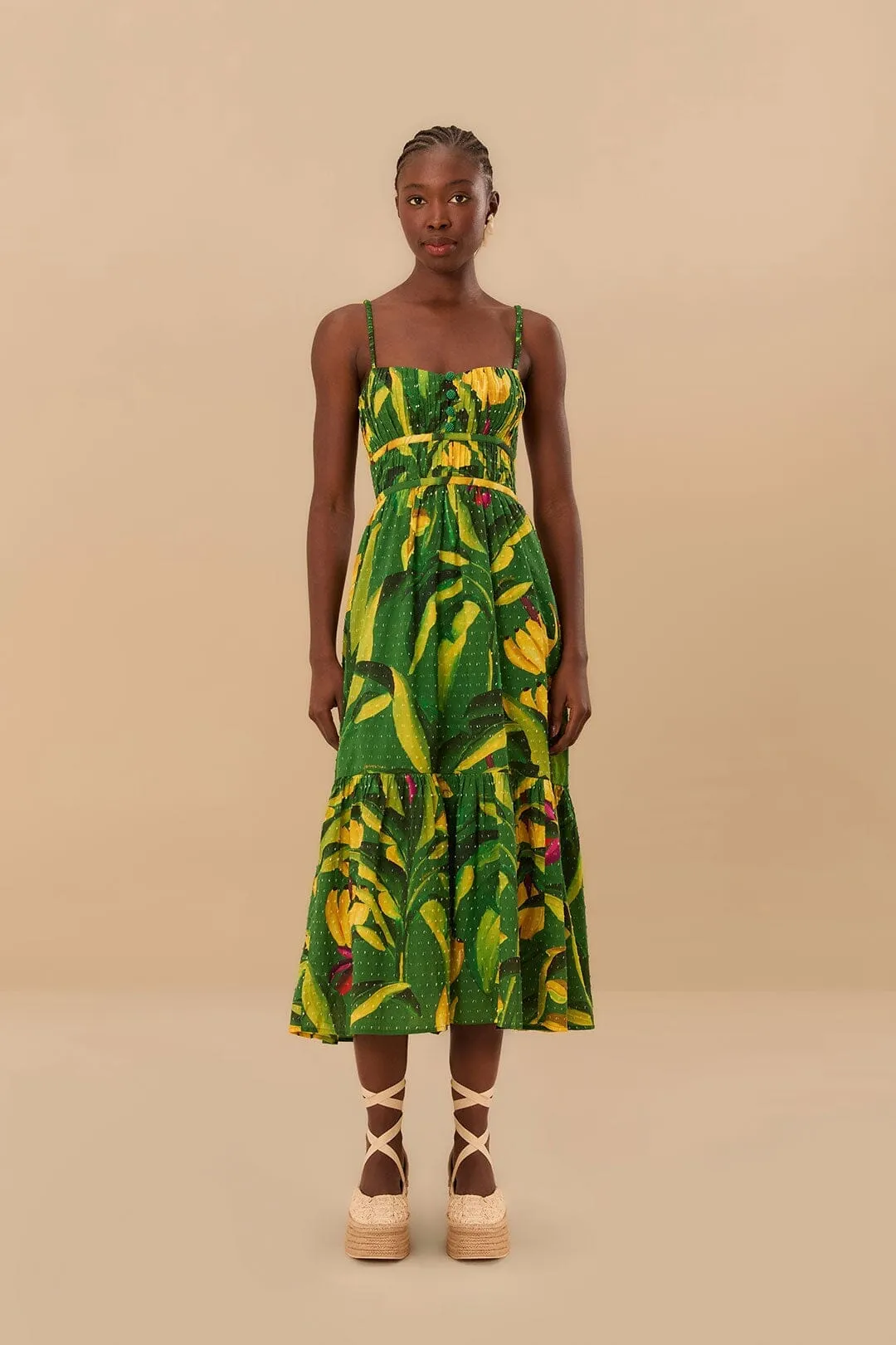 Airy Shape Flower Scent Green Banana Aquarela Midi Dress