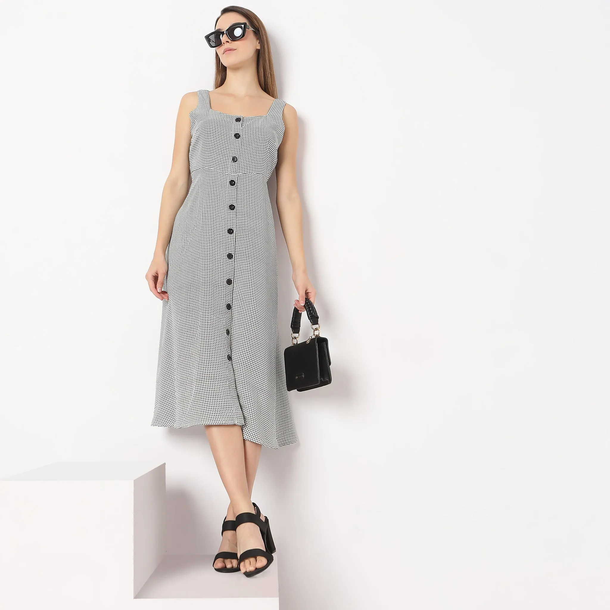 Focus Fit StainRepellentSurface Printed Calf Length Square Neck A Line Sleeveless Dress