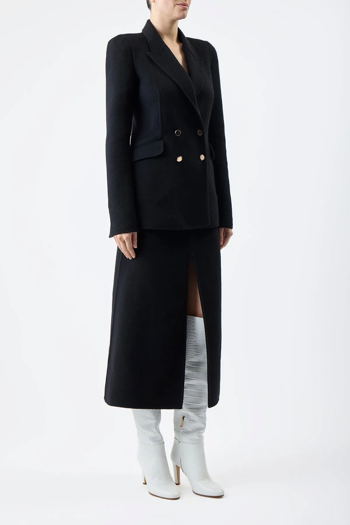 outdoor mode Morelos Midi Skirt in Black Double-Face Recycled Cashmere