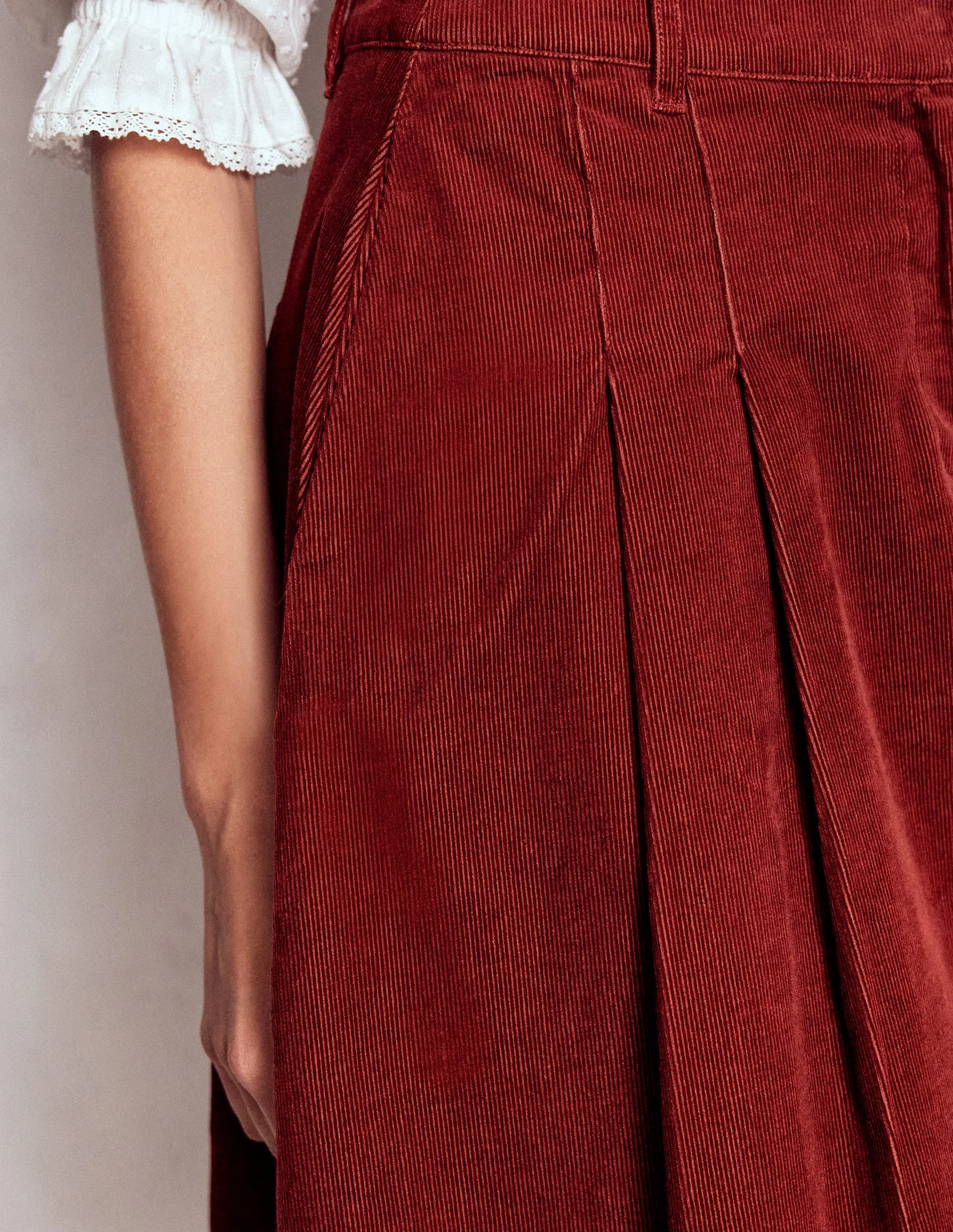 Pleated Cord Skirt-Fired Brick Clean Style Crossback Strap