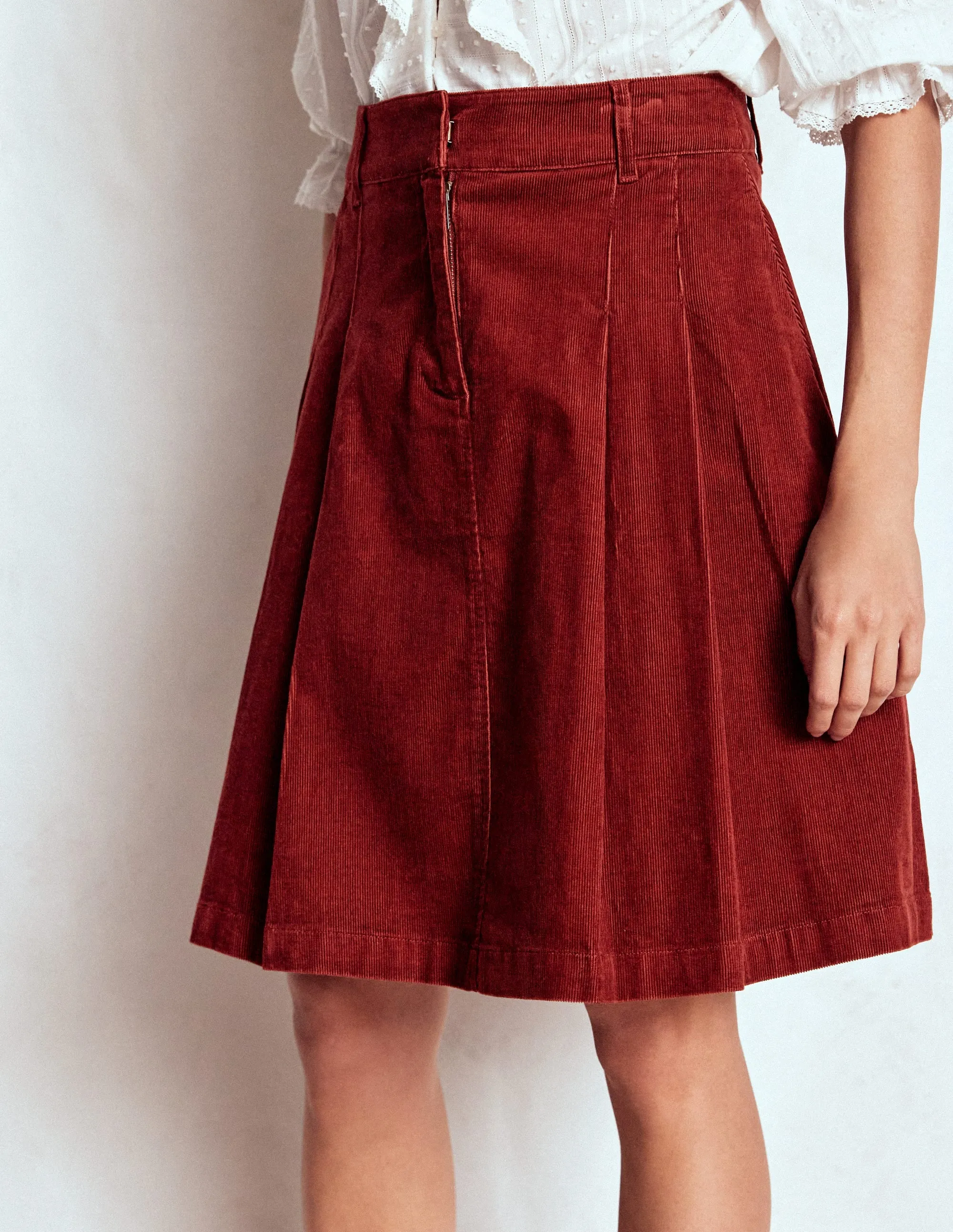 Chill Wear Pleated Cord Skirt-Fired Brick