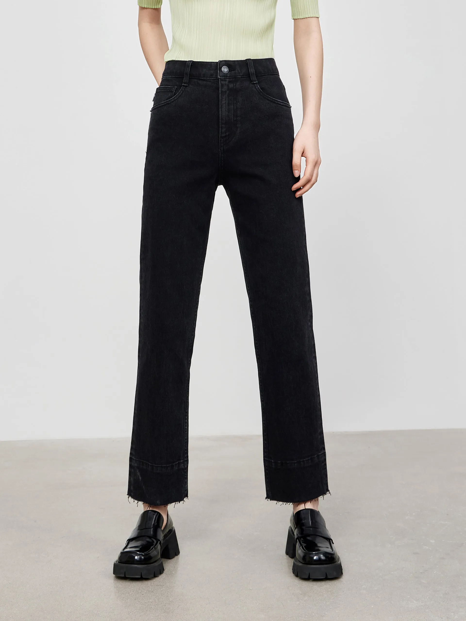 Straight Frayed Cotton Jeans Trendy Choice Classic Five Pocket