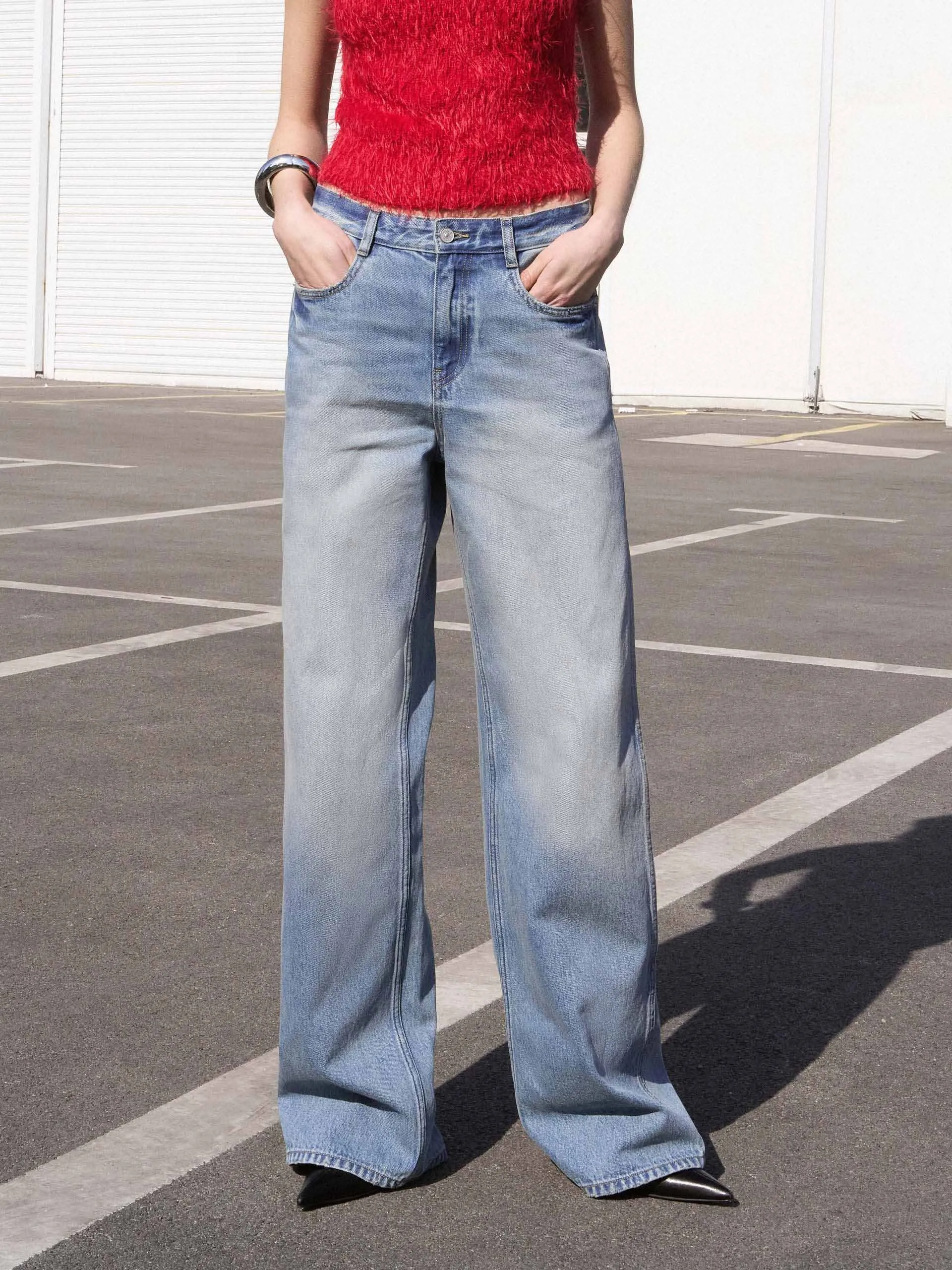 Side Cutout Straight Jeans Permanent Crease Retention