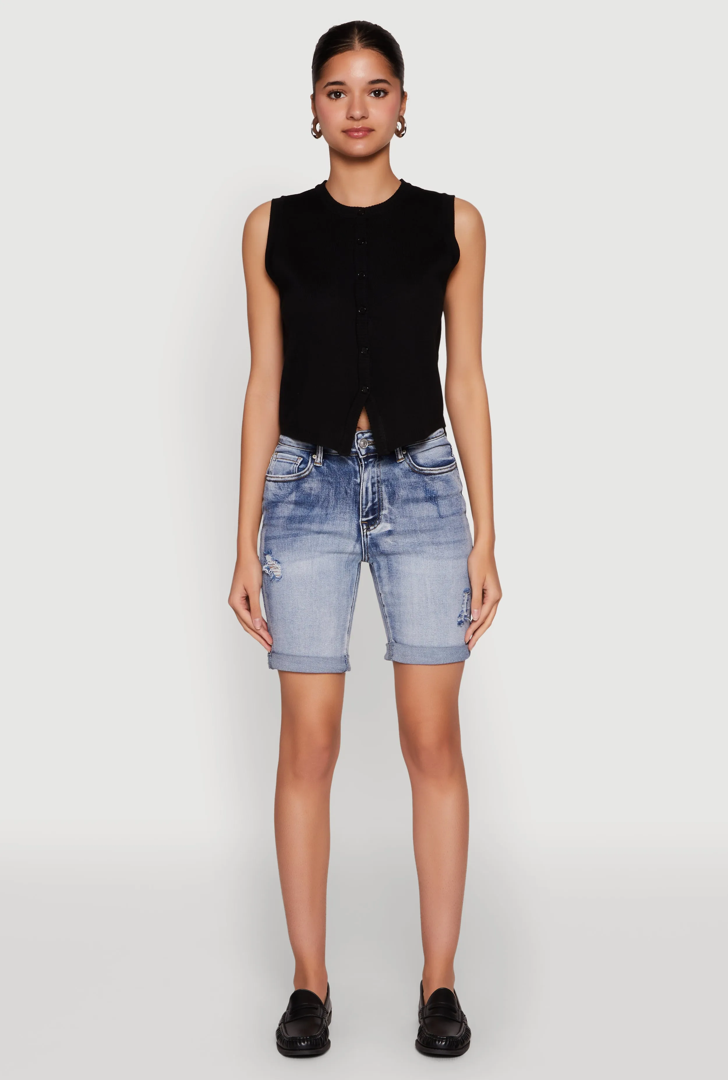 WAX Fixed Cuff Denim Bermuda Shorts DoubleLayeredKnees