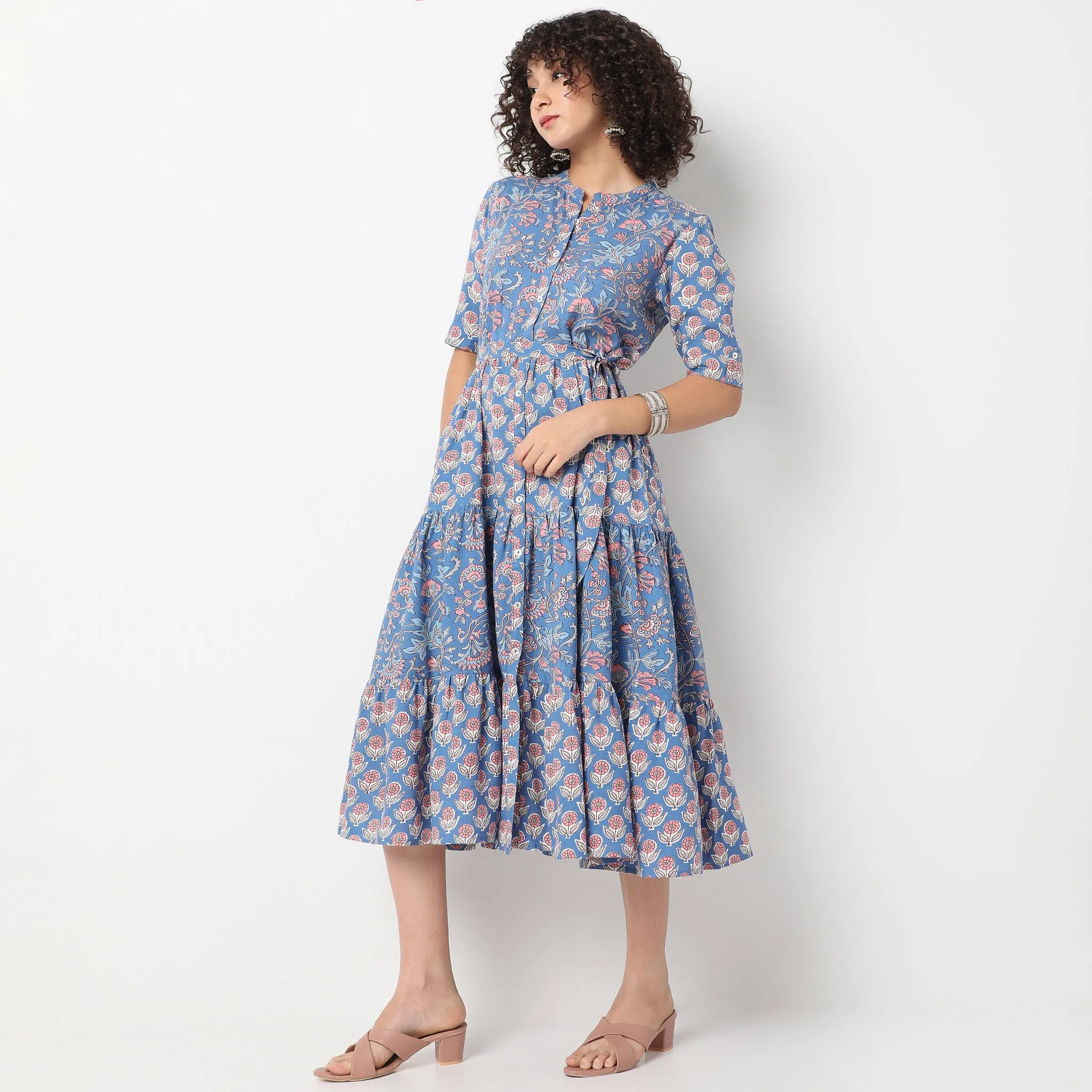 Joyful Mood Band Collar Calf Length Elbow Sleeve Flare Fit Printed Tiered Dress