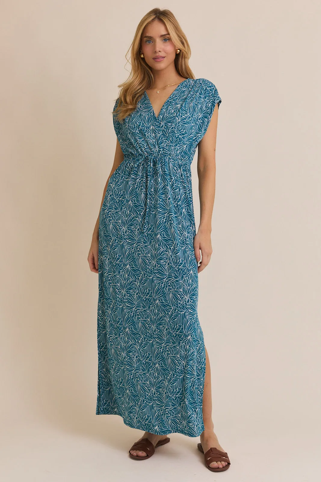 Reflective accents Antibacterial lining Teal & White Wrinkle Free Maxi Dress