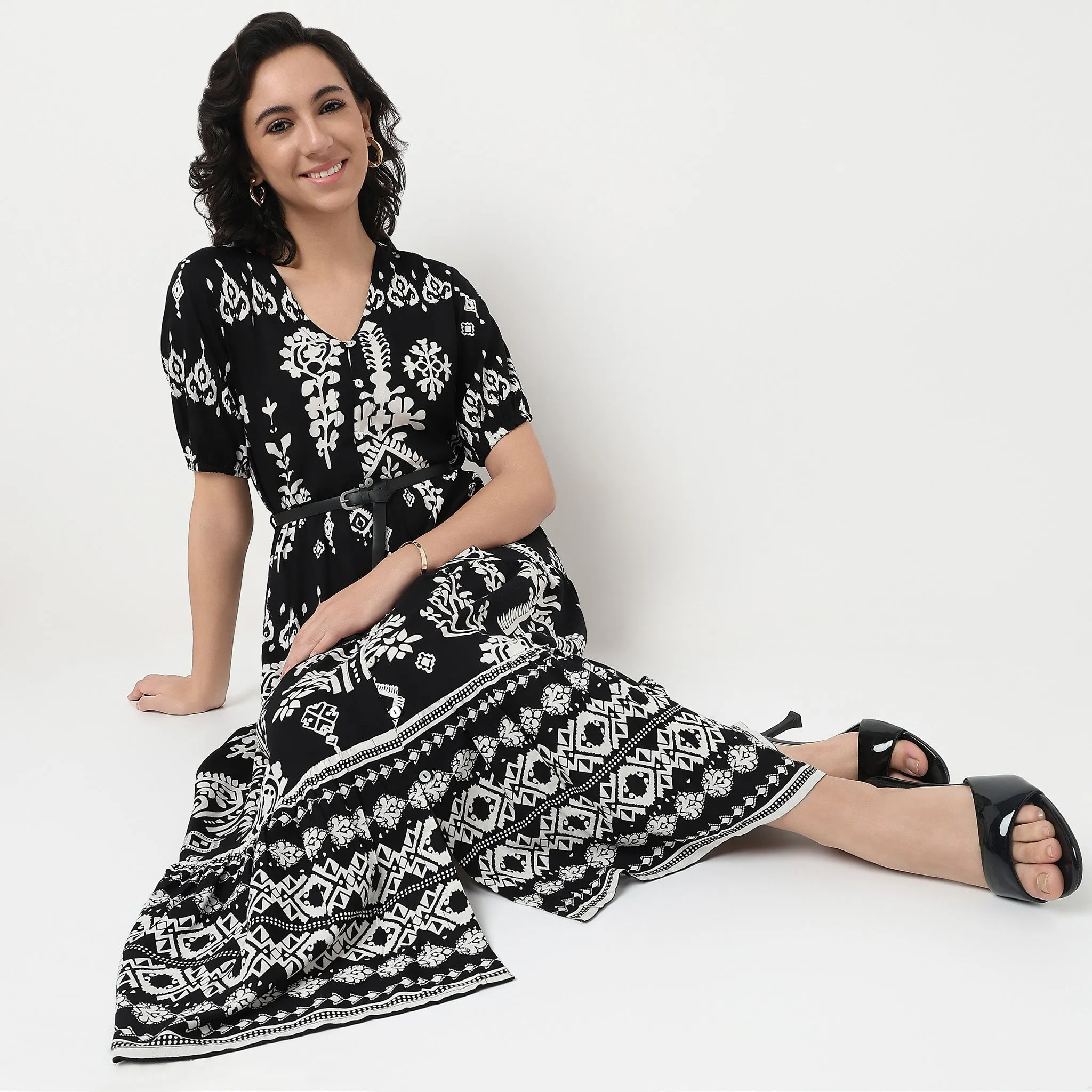 Ethic Core Printed V Neck Tiered Dress
