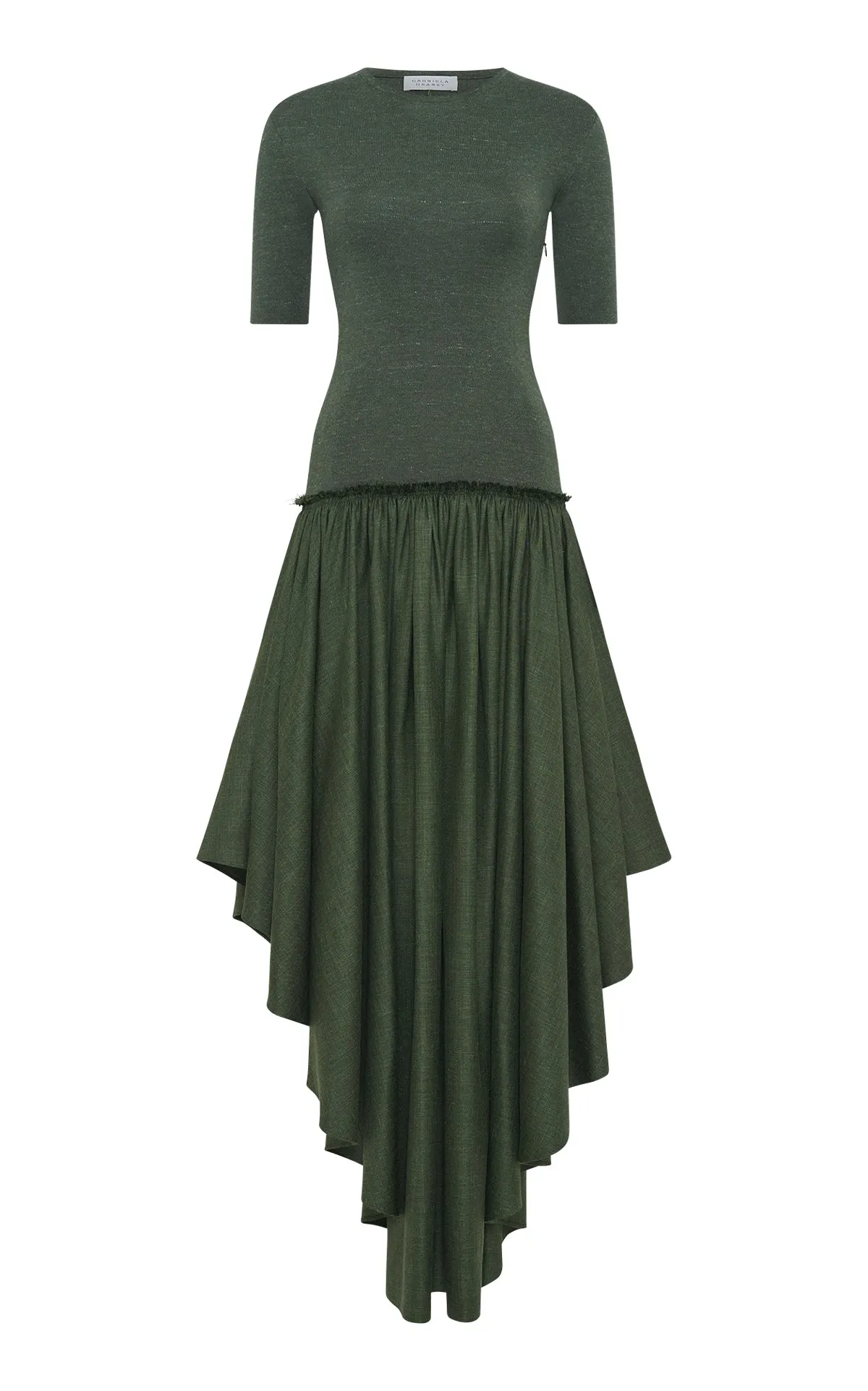 Sirona Pleated Maxi Dress in Olive Virgin Wool Silk with Linen HighDensityWeave Ice Fit
