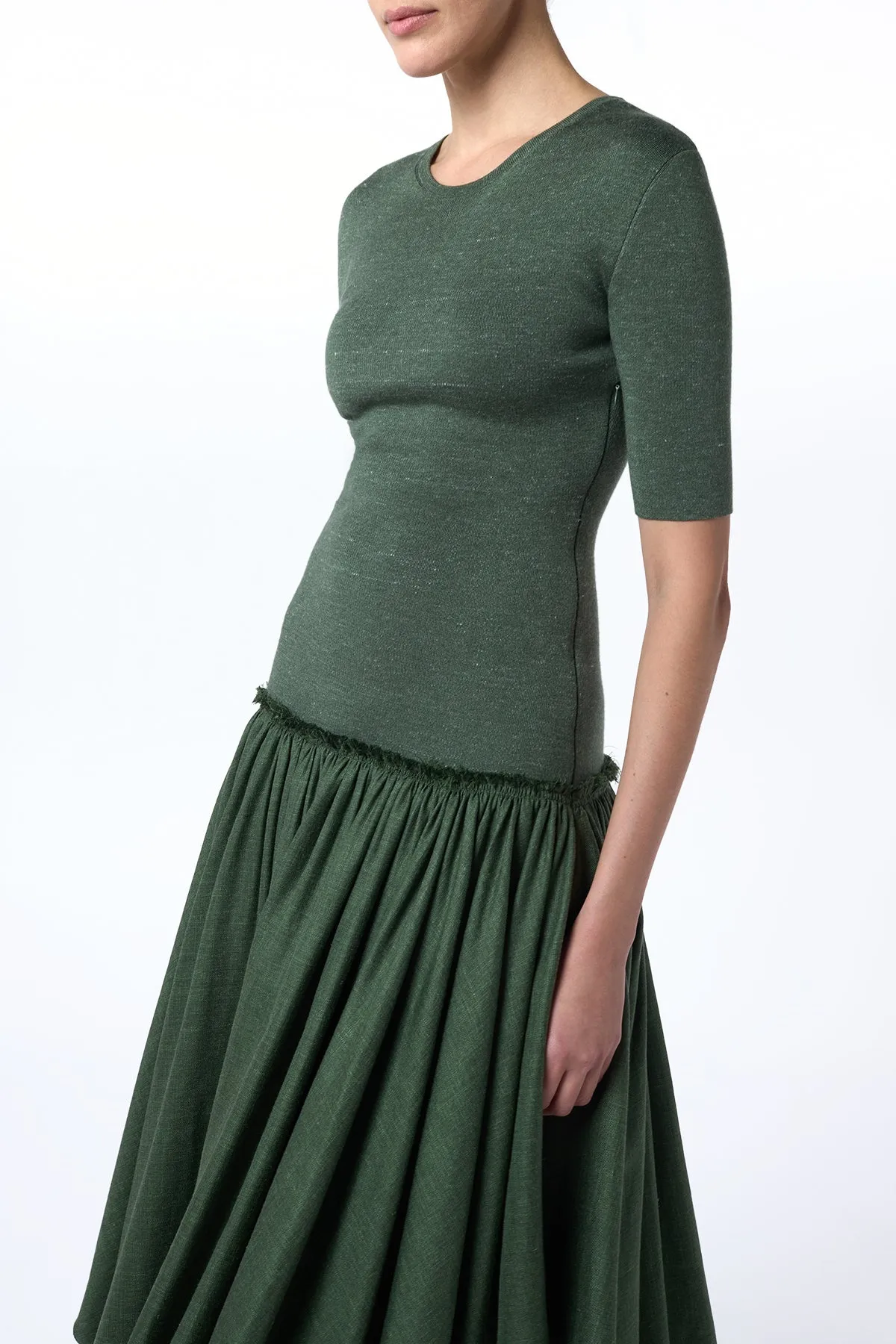 Sirona Pleated Maxi Dress in Olive Virgin Wool Silk with Linen WaterRepellent Soft Core