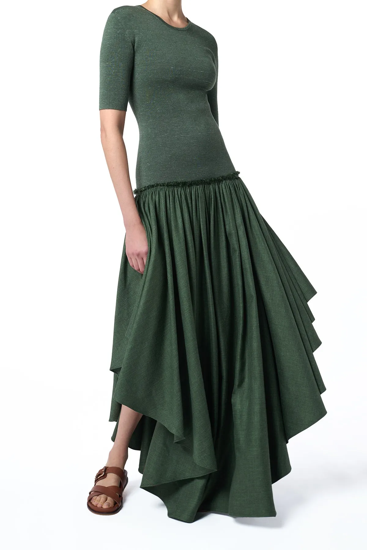 Sirona Pleated Maxi Dress in Olive Virgin Wool Silk with Linen Play Mode