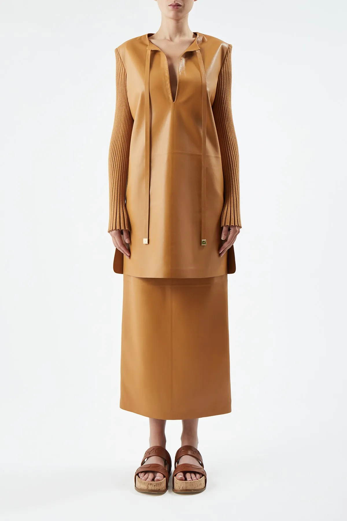 Office Glam Beko Dress in Cashew Nappa Leather