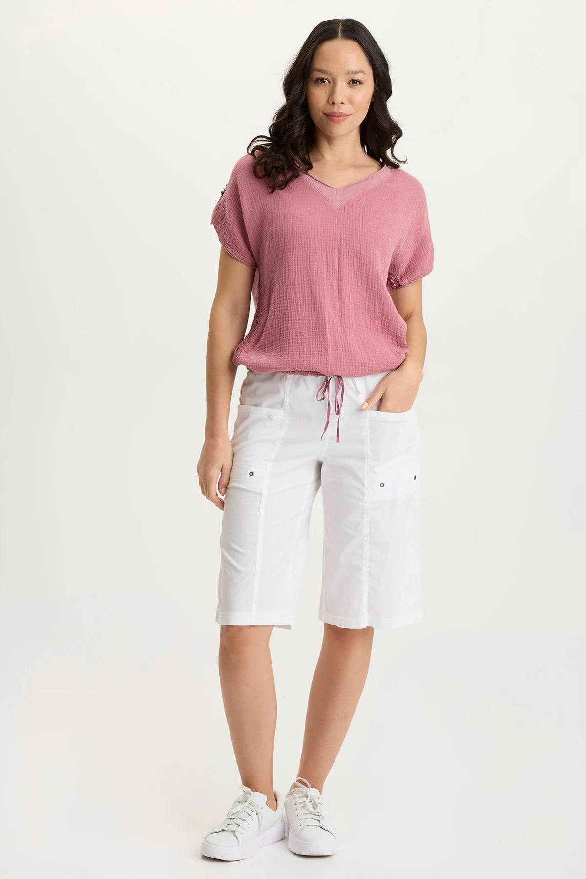 Conscious Core Bower Gauze/Jersey Tabbed-Sleeve Bubble-Hem V-Neck Tee