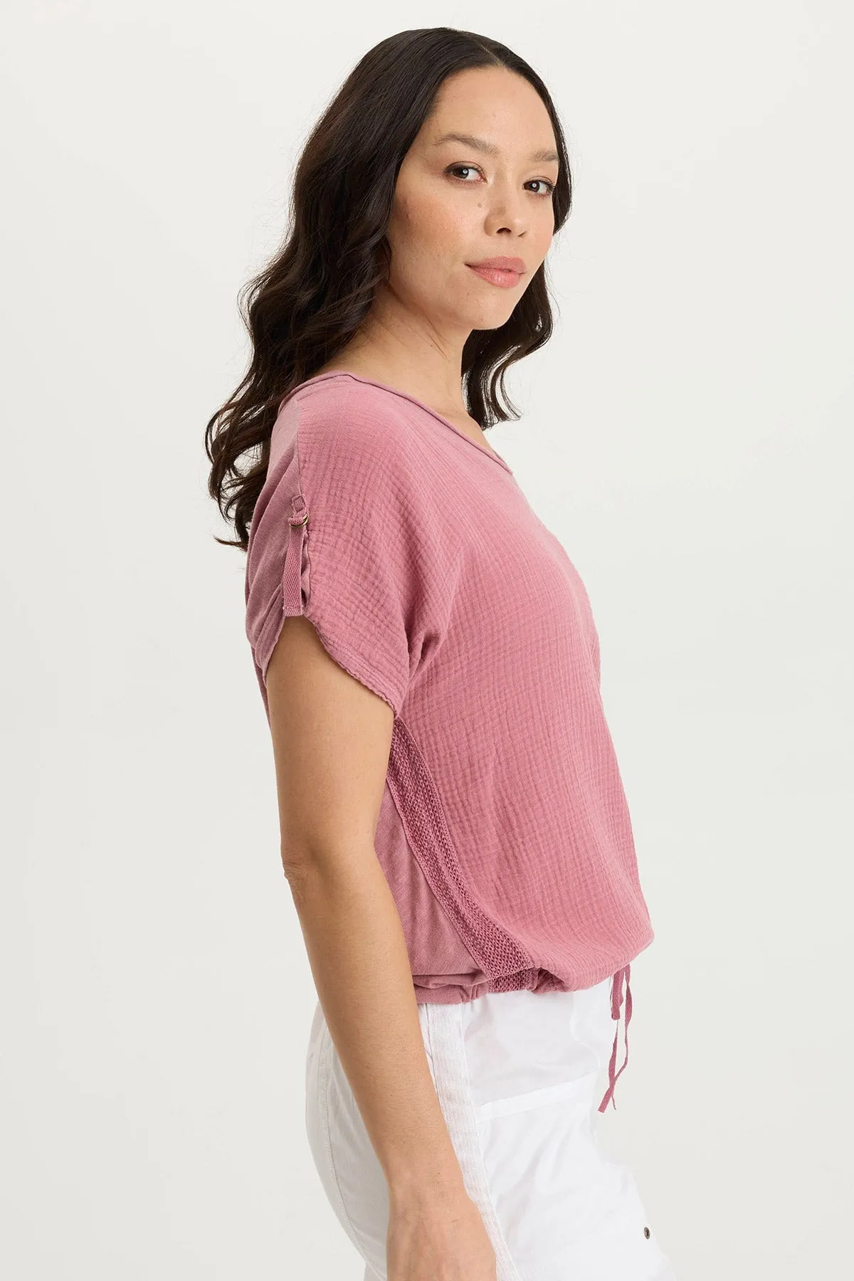 AntiSnagTechnology Mom Soft Bower Gauze/Jersey Tabbed-Sleeve Bubble-Hem V-Neck Tee