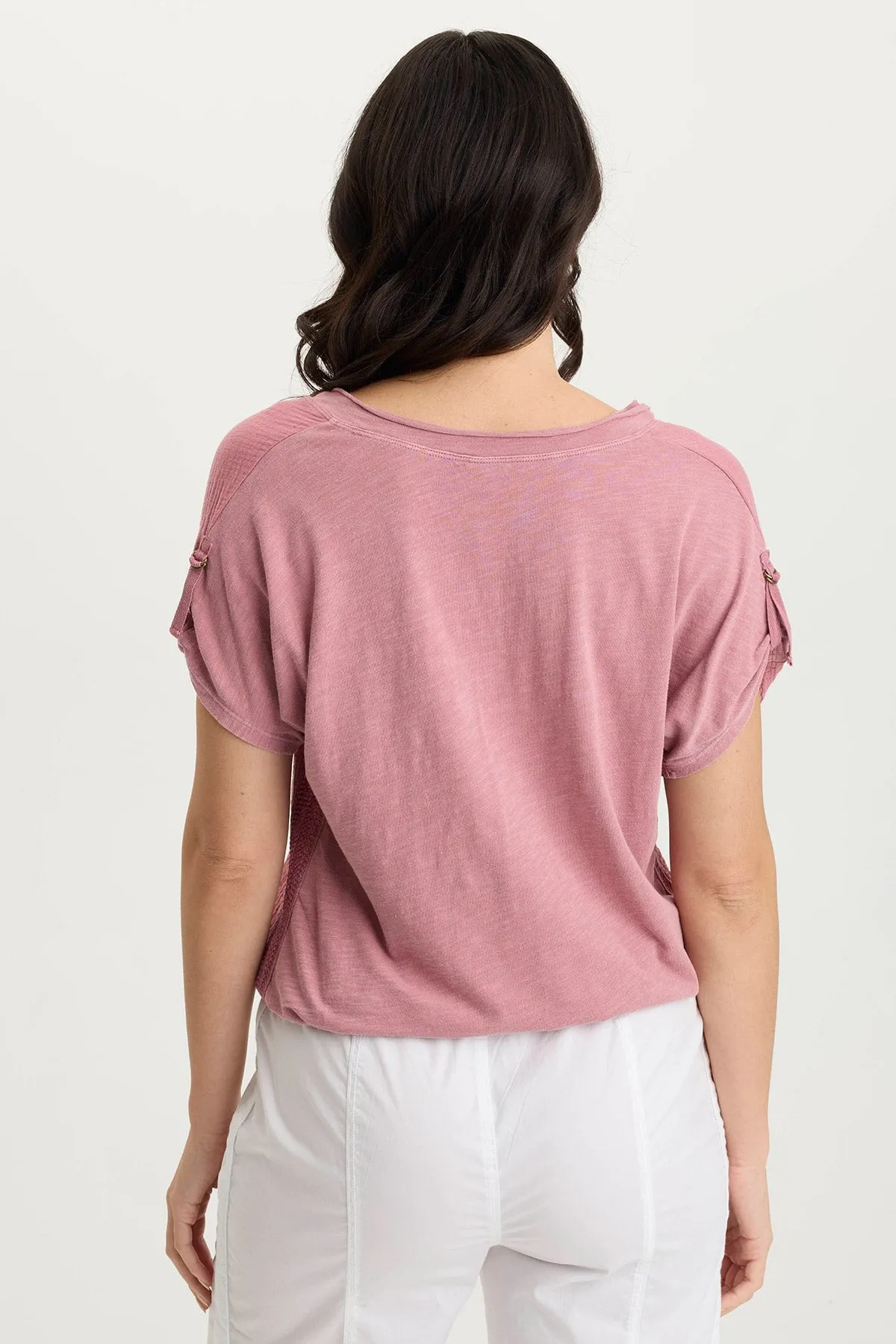 LowBulkFabric Bower Gauze/Jersey Tabbed-Sleeve Bubble-Hem V-Neck Tee