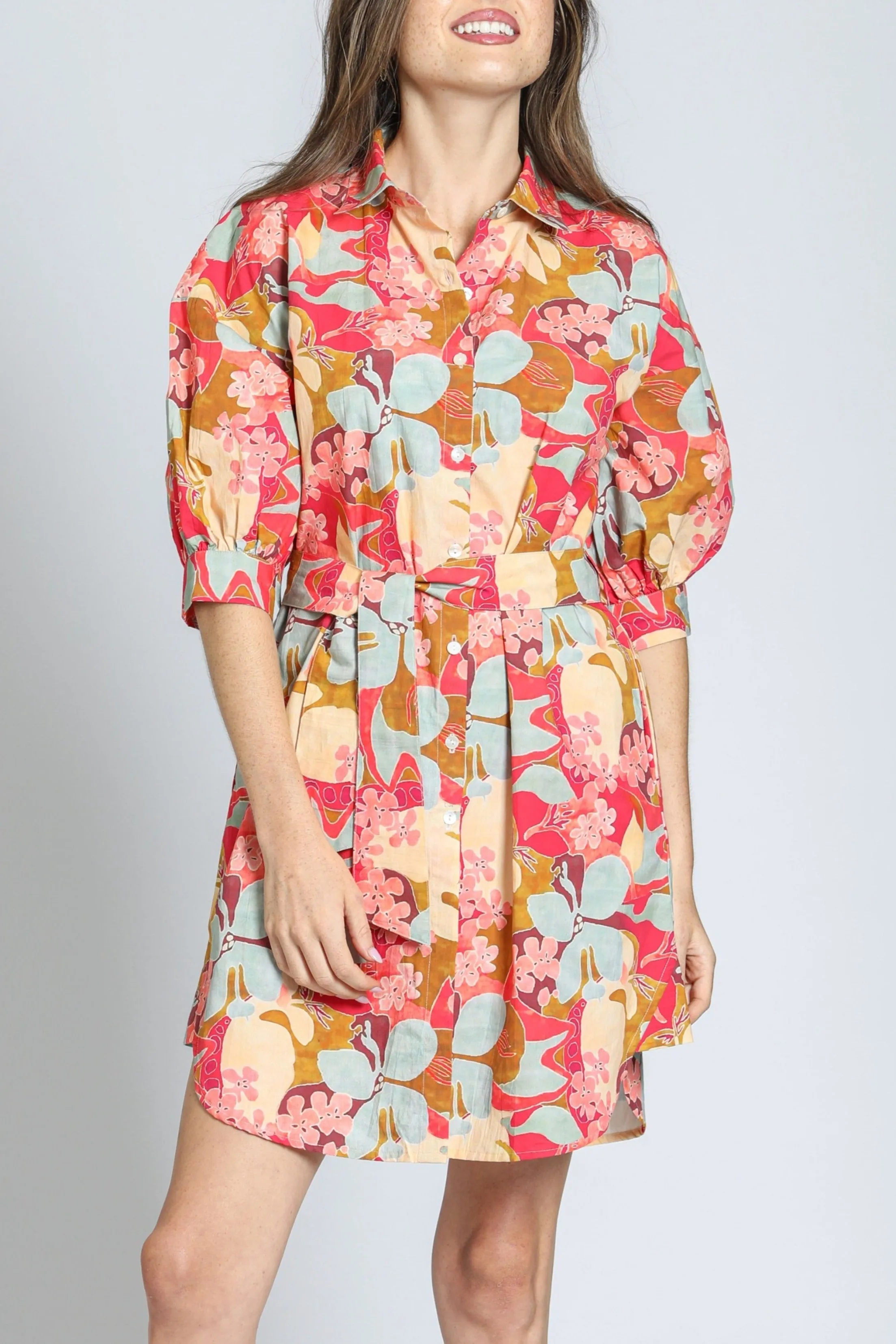 QuickDrying Fiber Belted Dress With Puff Sleeves