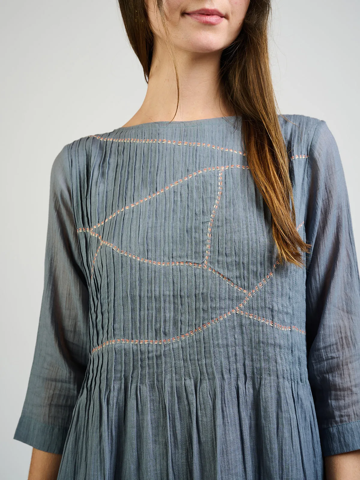 Alma Pintucked Dress - Slate Blue AntiClingFabric