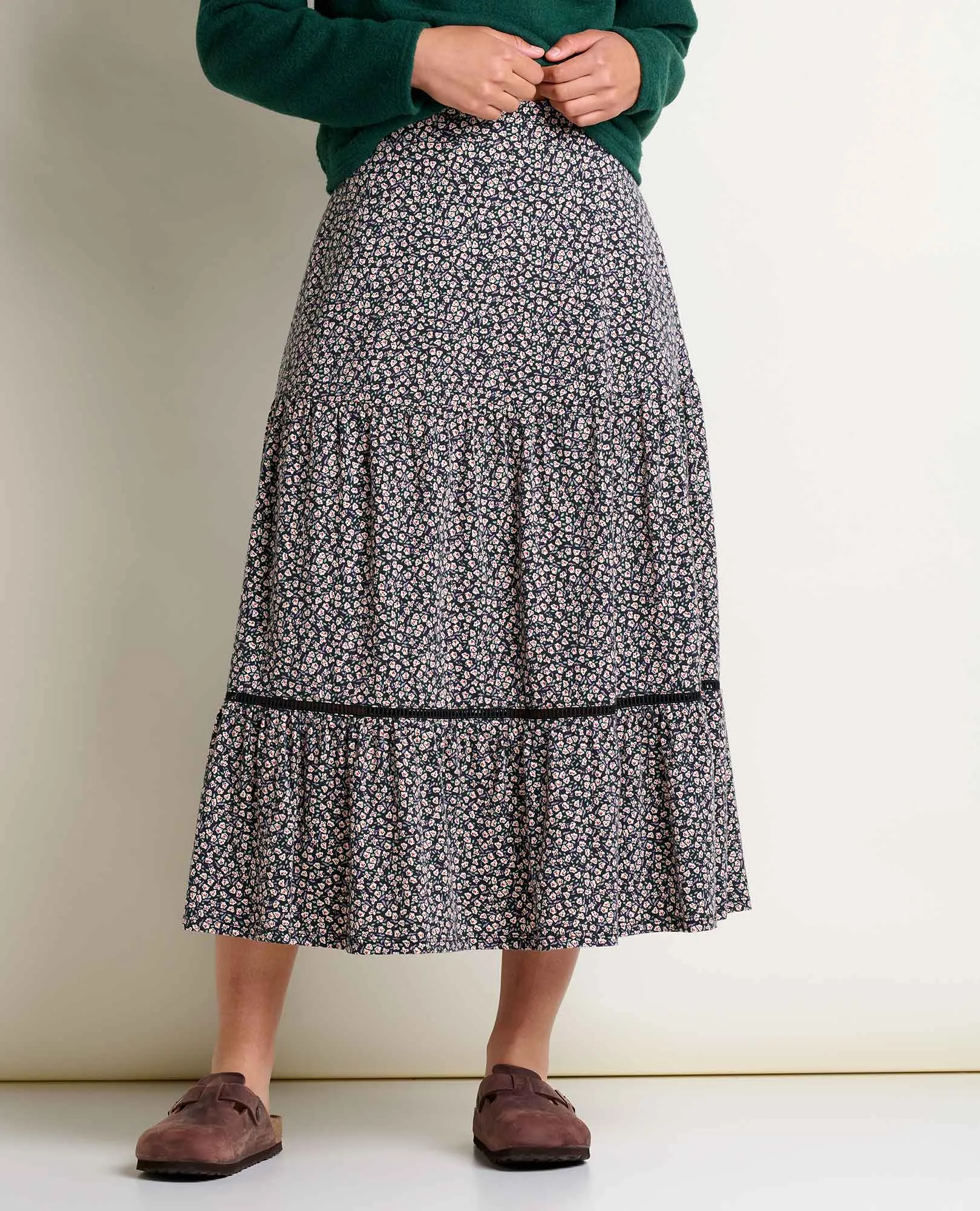 Marigold Tiered Midi Skirt Stretch Ease DoubleStitchReinforcement