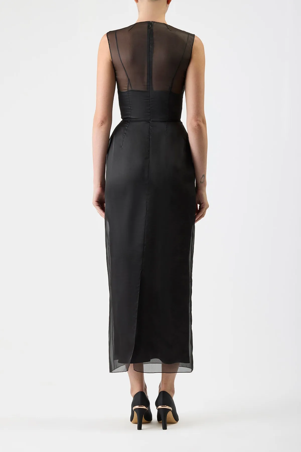 Maslow Sheer Maxi Dress with Slip in Black Silk Organza Focus Fit Flexible Material