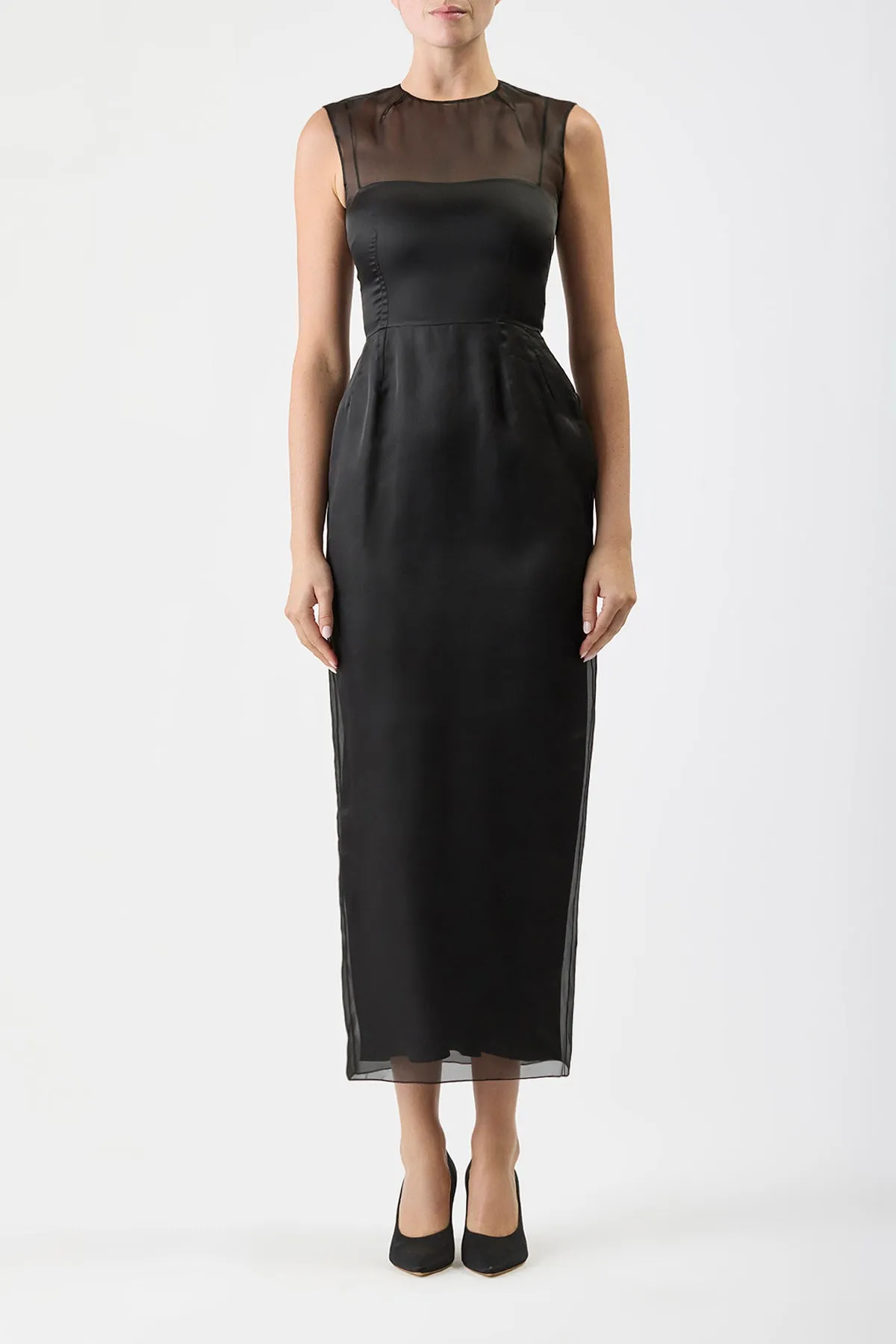 Maslow Sheer Maxi Dress with Slip in Black Silk Organza MoistureControl Lining