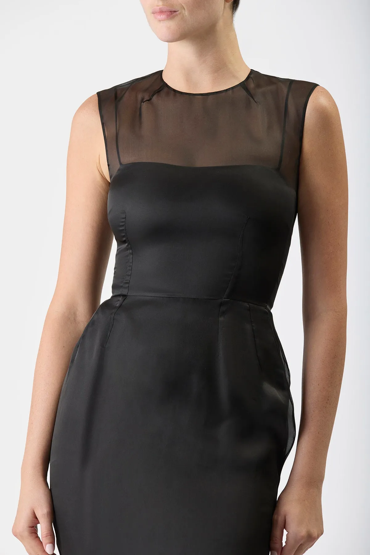 Maslow Sheer Maxi Dress with Slip in Black Silk Organza NoRubEdging