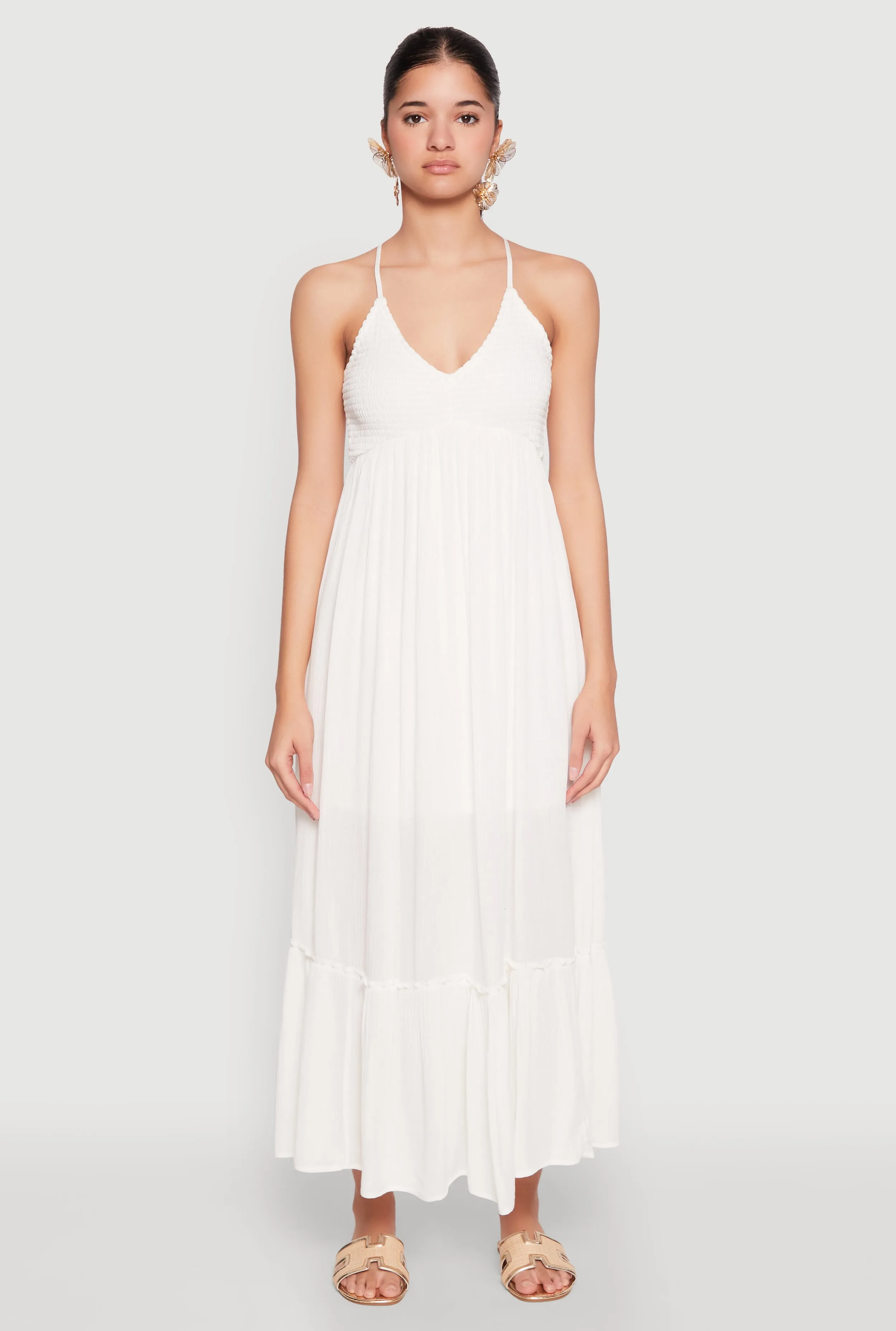 Alpine Glow Almost Famous Smocked O Ring Tiered Maxi Dress
