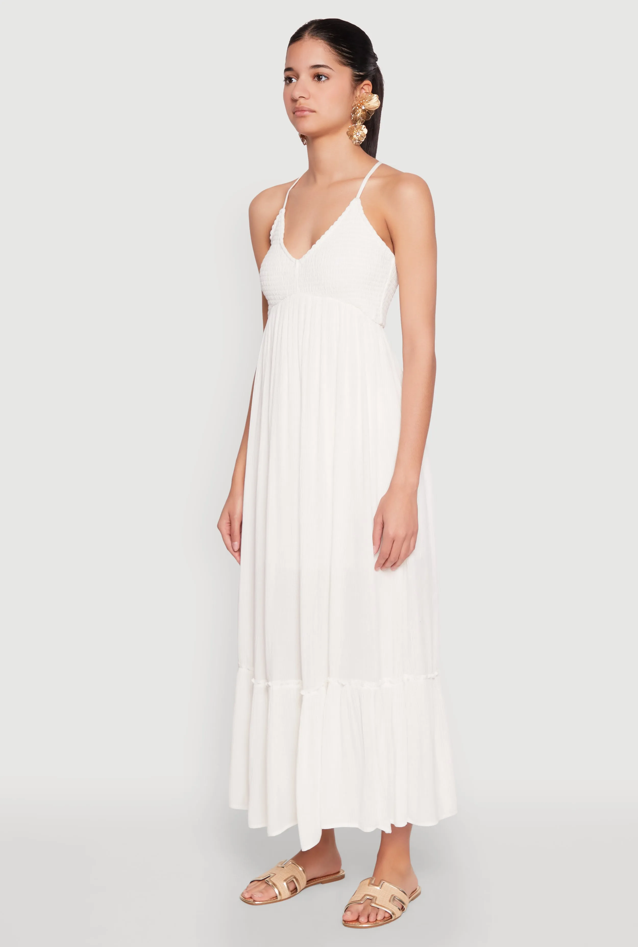 Almost Famous Smocked O Ring Tiered Maxi Dress Crafted with high-quality materials this dress ensures both comfort and durability