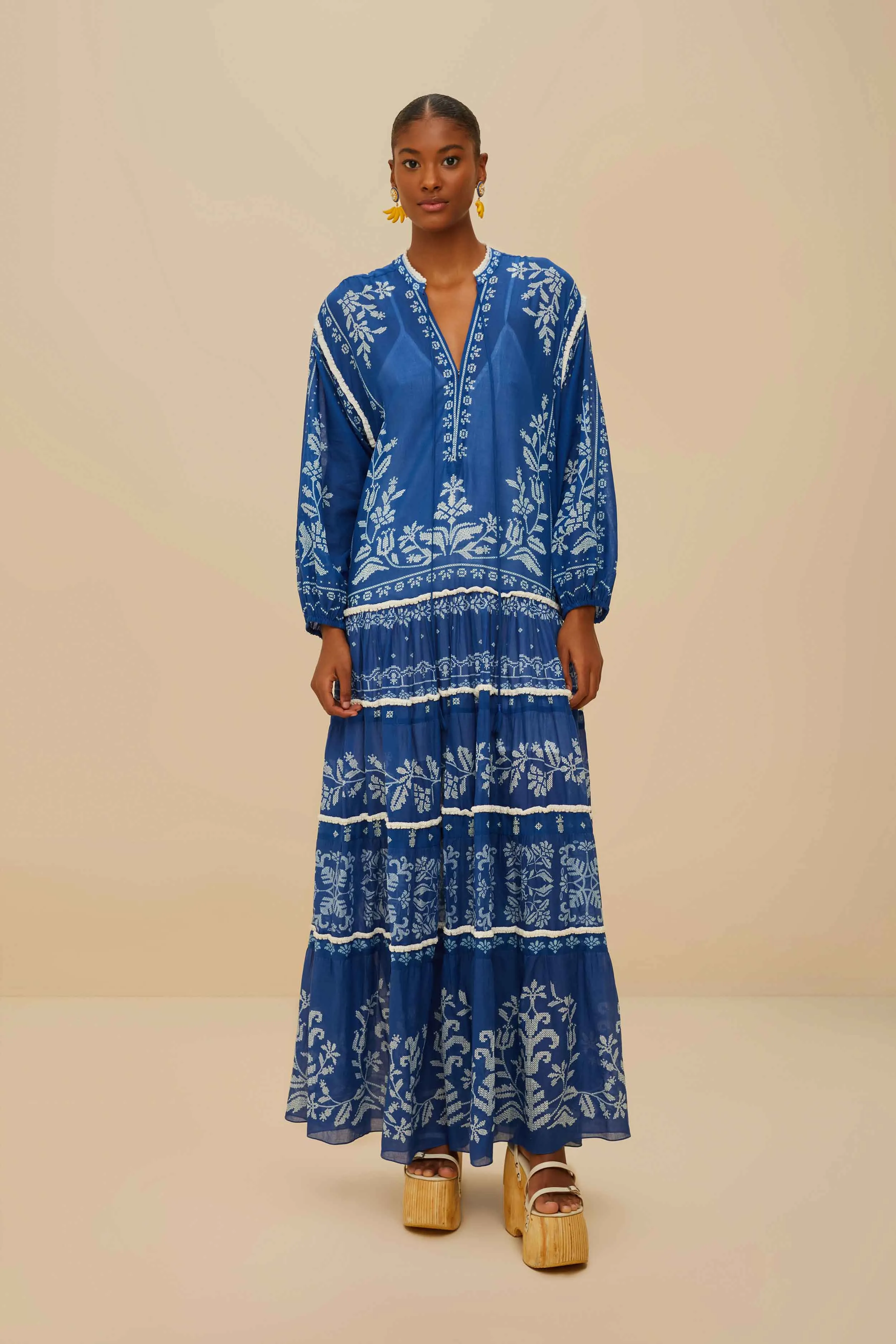 Autumn Gold Blue Tropical Cross Stitch Tiered Maxi Dress