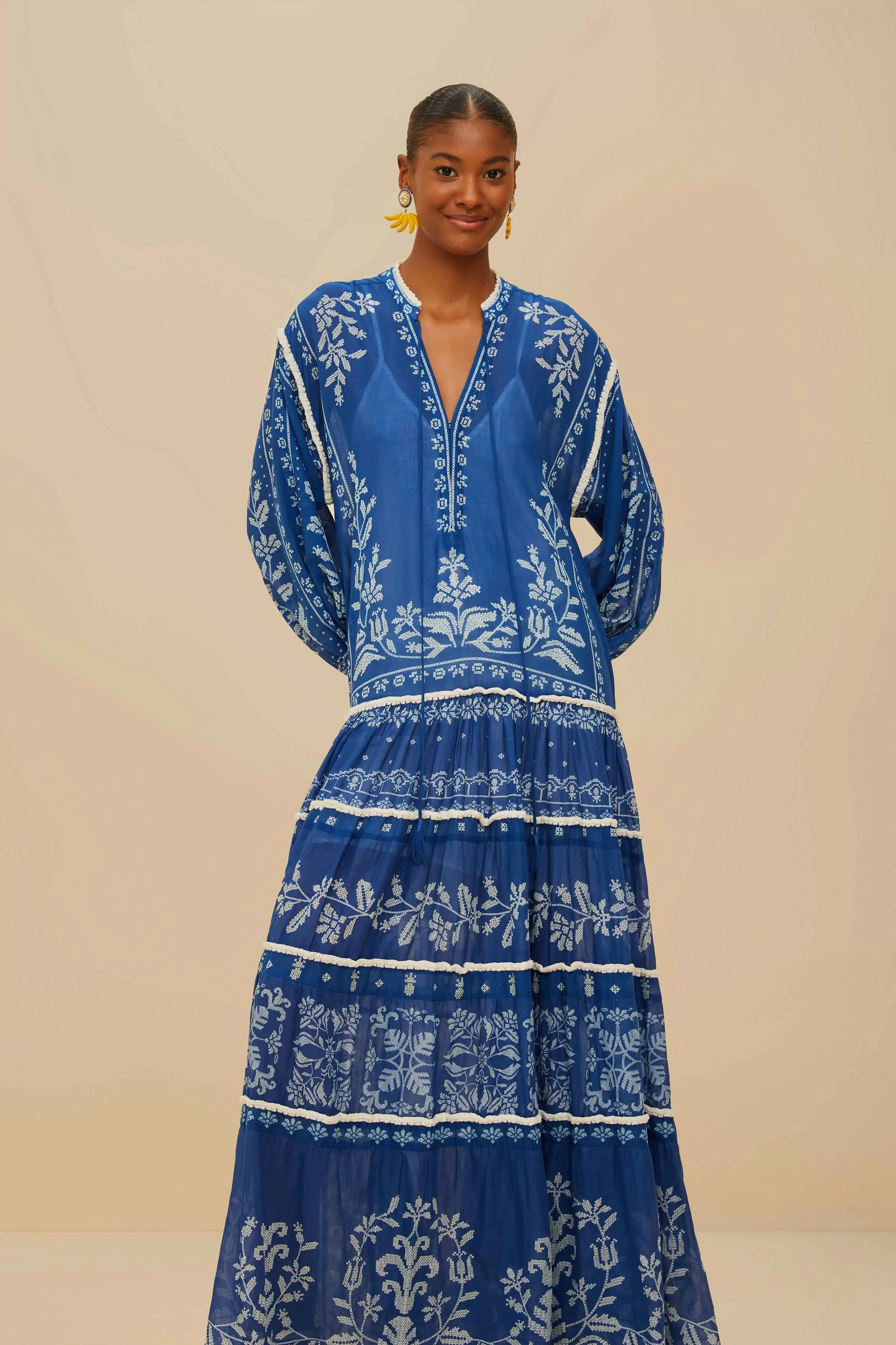 Comfortable event wear Elegant high-waist gown Blue Tropical Cross Stitch Tiered Maxi Dress