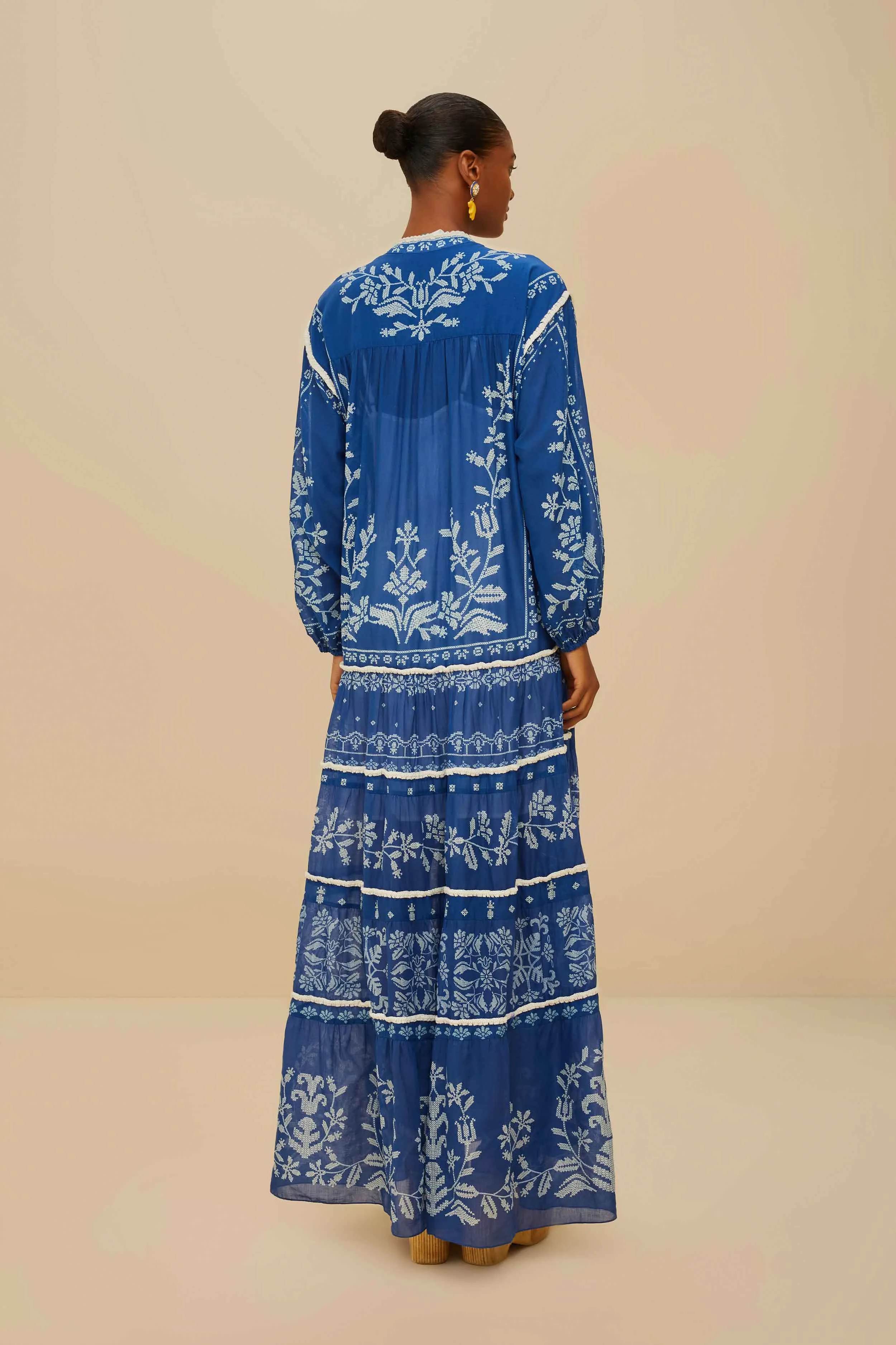 Blue Tropical Cross Stitch Tiered Maxi Dress Maple Lane Spring Bloom