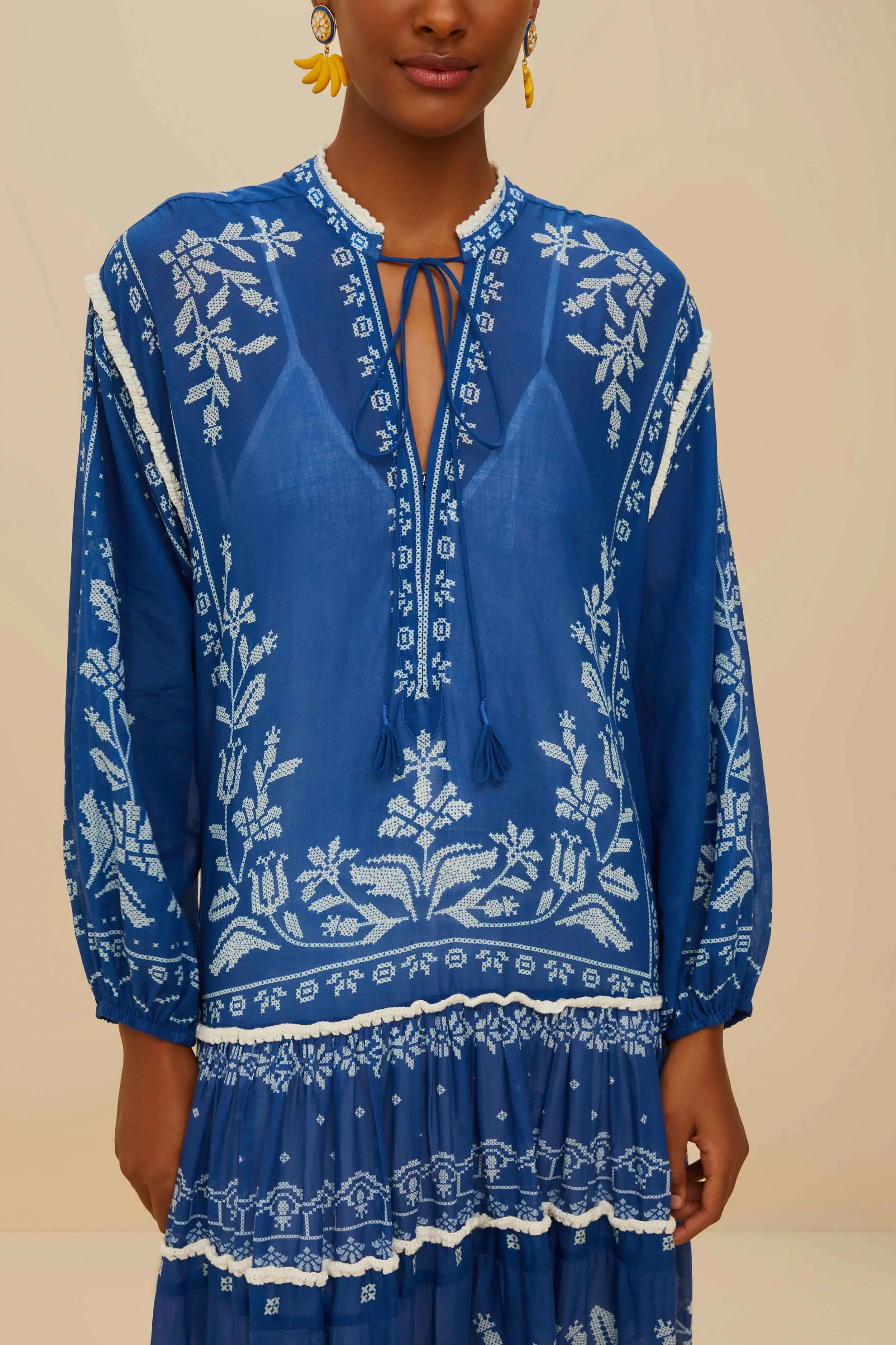 Mirror Glow With its flowy design this dress drapes beautifully for a sophisticated look Blue Tropical Cross Stitch Tiered Maxi Dress