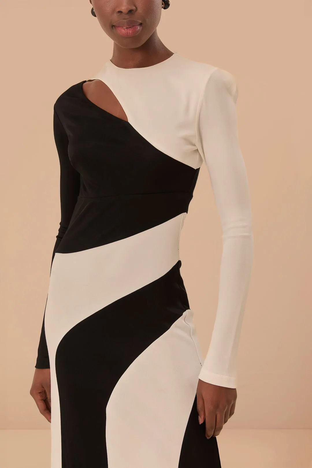 Black And White Cut-Out Long Sleeve Midi Dress Park Bench Picnic Shade