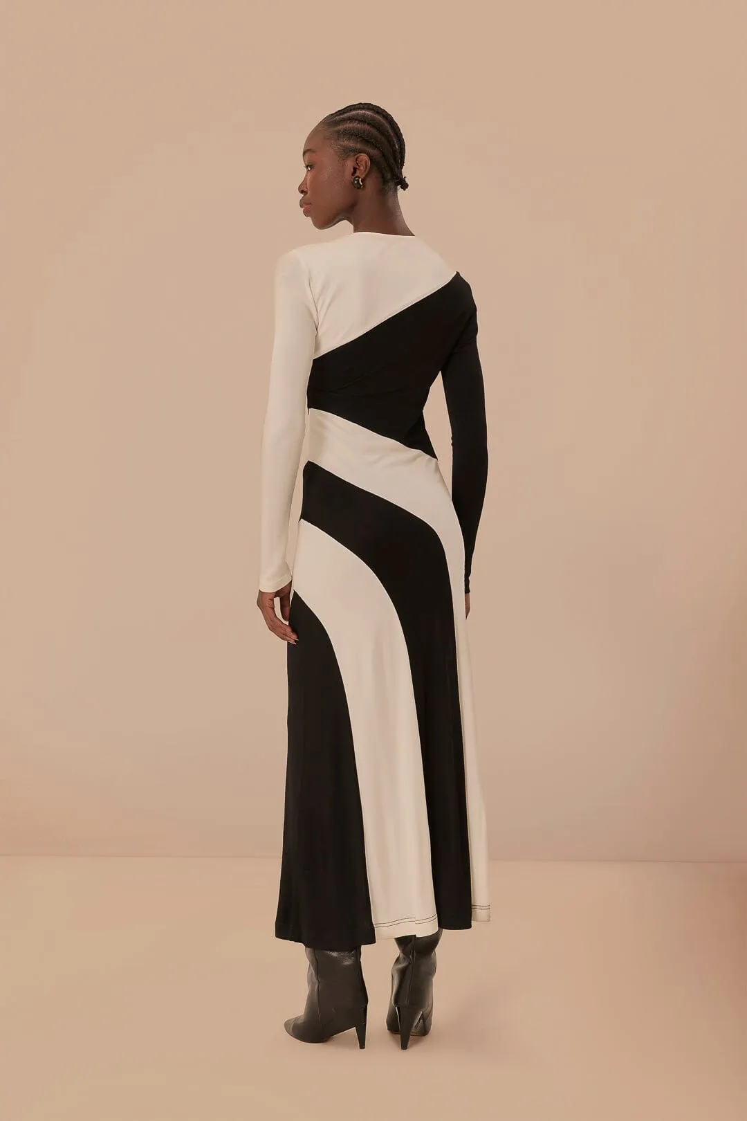 Stylish semi-formal dress Black And White Cut-Out Long Sleeve Midi Dress