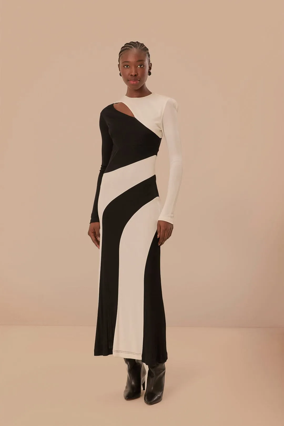 Black And White Cut-Out Long Sleeve Midi Dress Event Chic