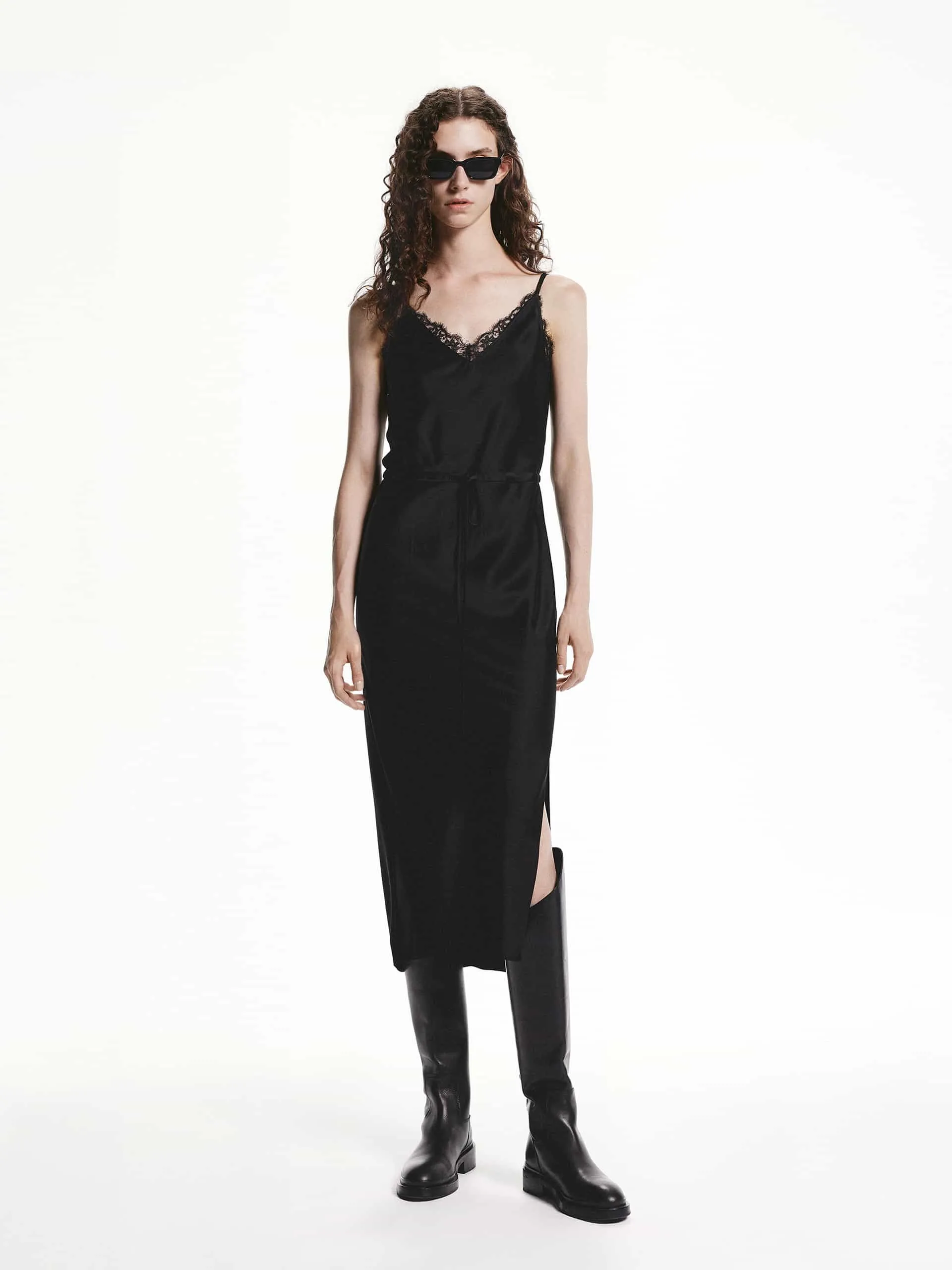 Drawstring Side Slit Dress Romantic casual midi